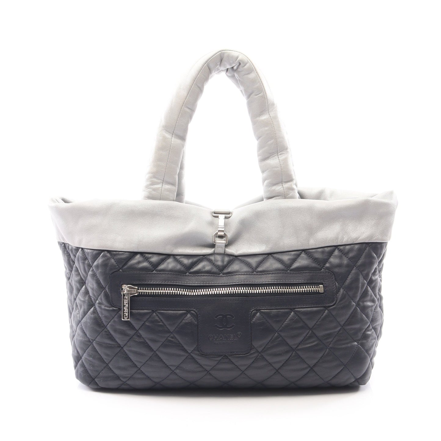 コココクーンGM リバーシブル ハンドバッグ トートバッグ レザー シルバー ネイビー シルバー金具 シャネル バッグ CHANEL