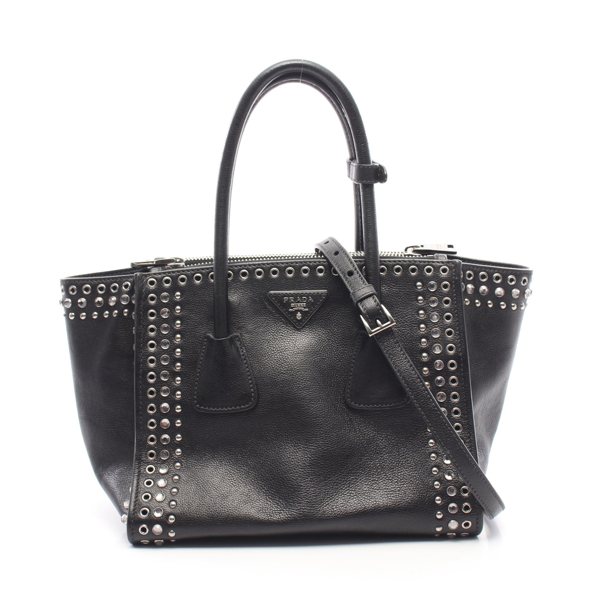 GLACE'CALF 2WAY ビジュー スタッズ ハンドバッグ レザー ブラック プラダ バッグ PRADA