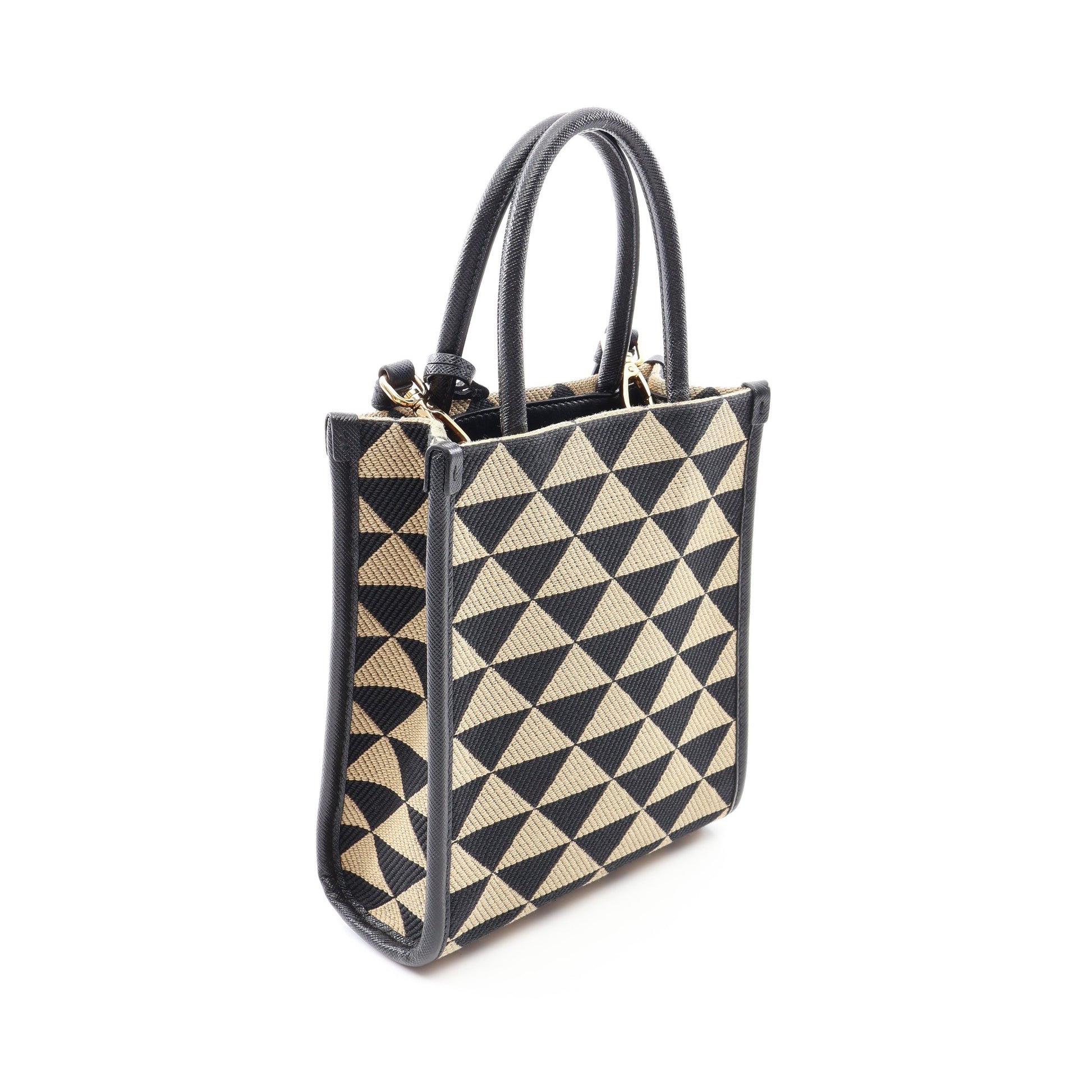 TRIANGOLO JACQUARD シンボル エンブロイダリー ミニ 2WAY ハンドバッグ キャンバス サフィアーノレザー ブラック ベージュ プラダ バッグ PRADA