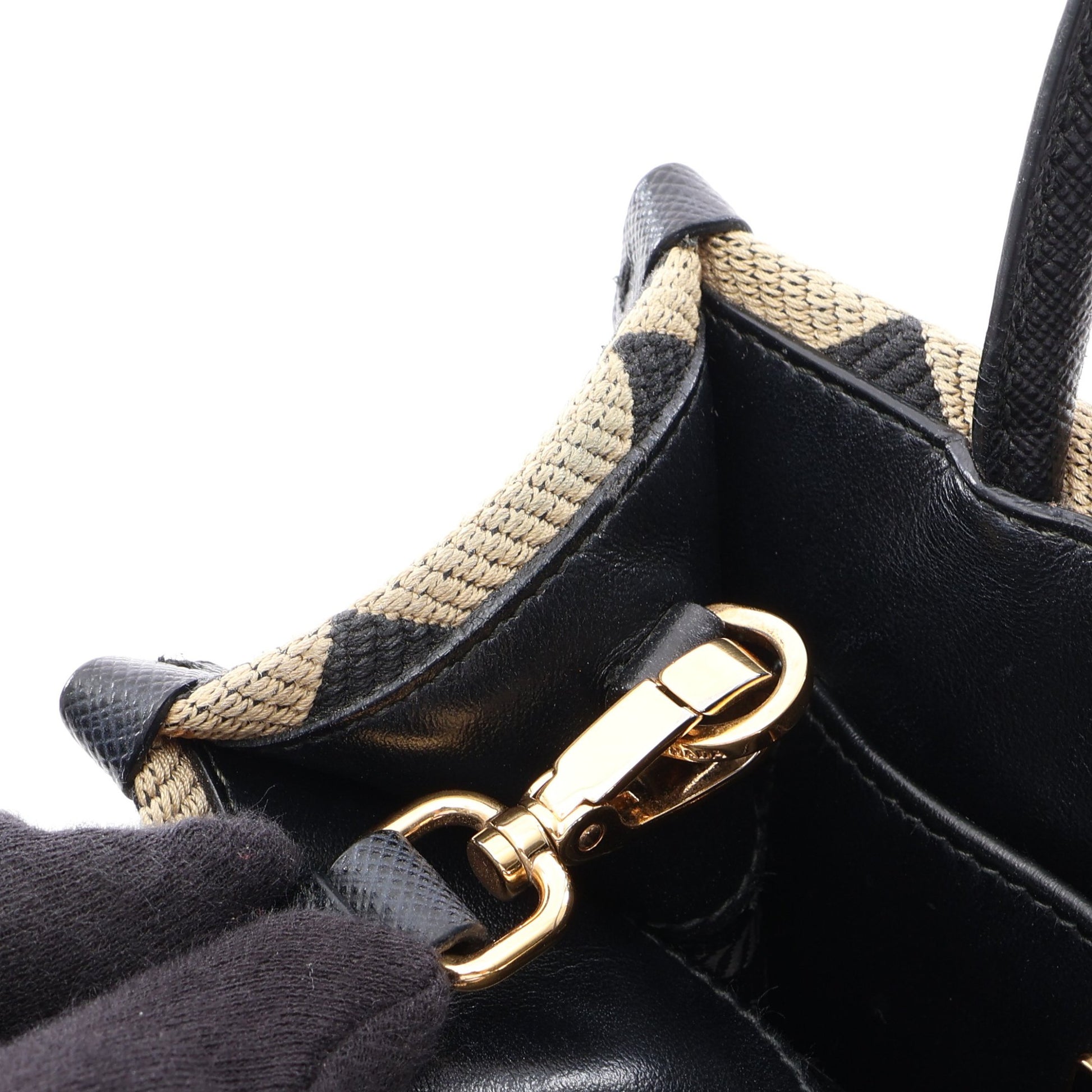 TRIANGOLO JACQUARD シンボル エンブロイダリー ミニ 2WAY ハンドバッグ キャンバス サフィアーノレザー ブラック ベージュ プラダ バッグ PRADA