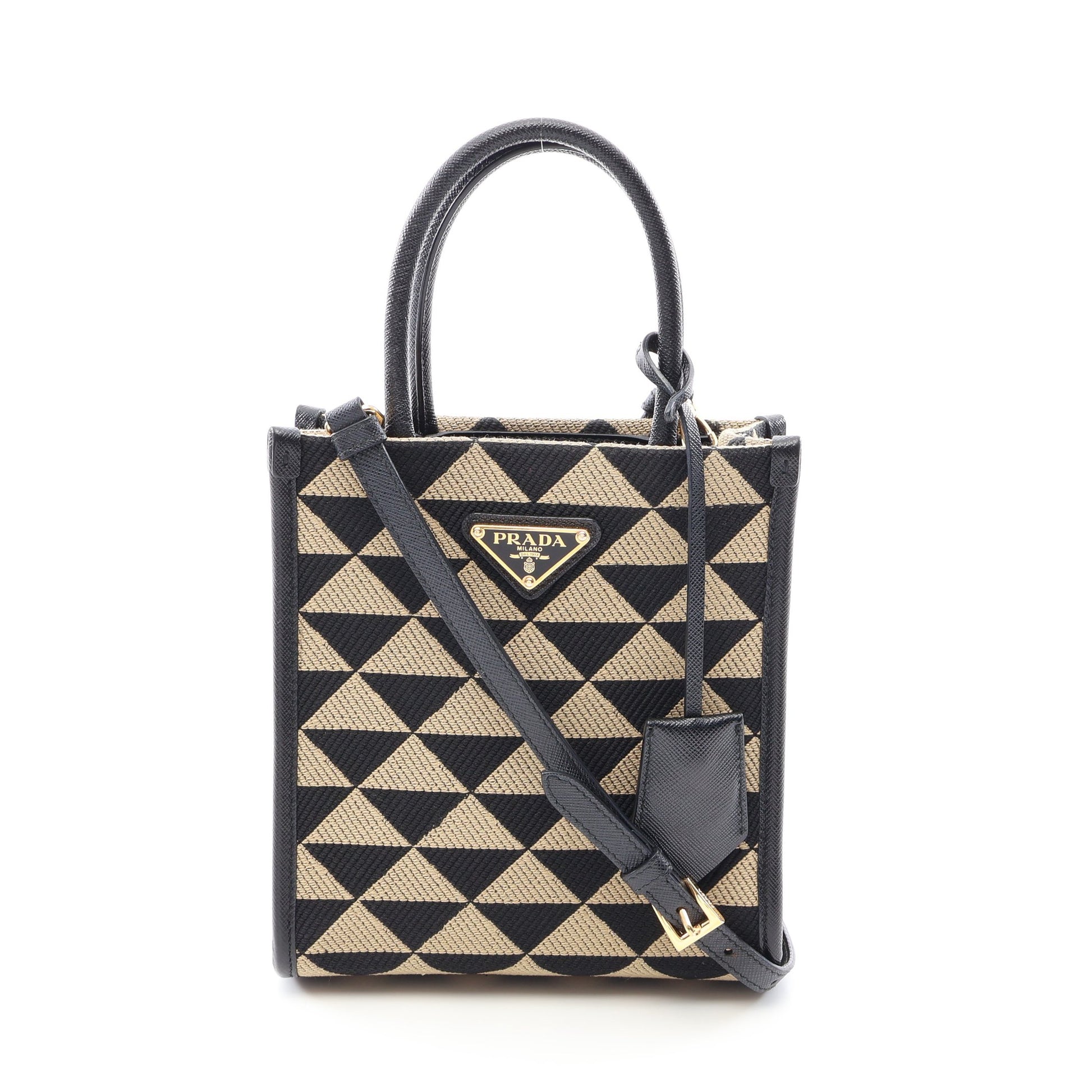 TRIANGOLO JACQUARD シンボル エンブロイダリー ミニ 2WAY ハンドバッグ キャンバス サフィアーノレザー ブラック ベージュ プラダ バッグ PRADA