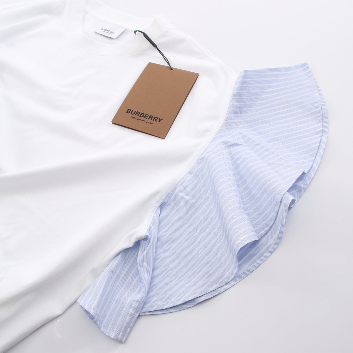 ストライプ フリル袖 半袖Tシャツ コットン ホワイト ライトブルー バーバリー