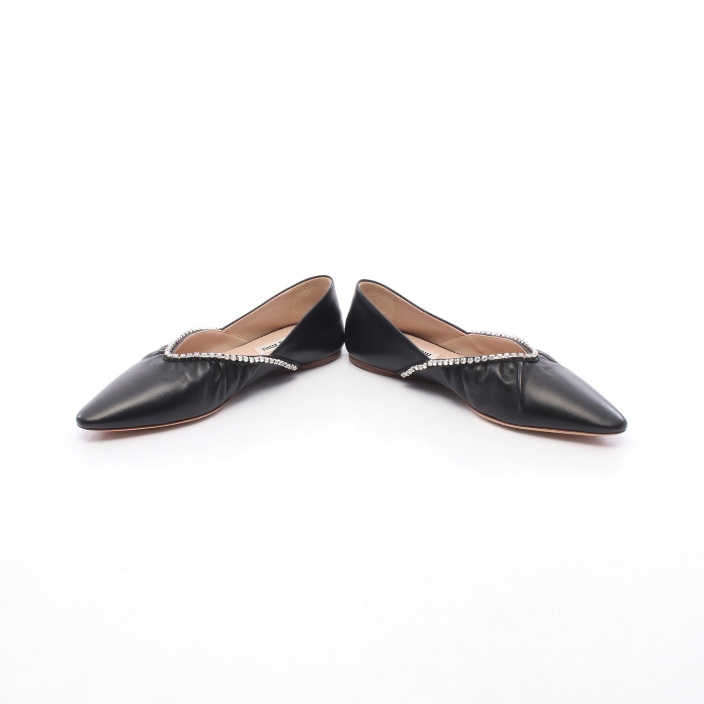 ラインストーン ポインテッドトゥ フラットシューズ レザー ブラック ミュウミュウ シューズ miu miu