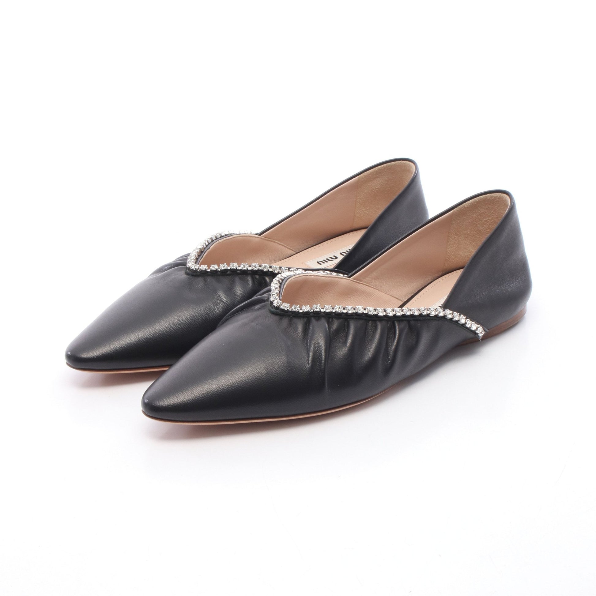 ラインストーン ポインテッドトゥ フラットシューズ レザー ブラック ミュウミュウ シューズ miu miu