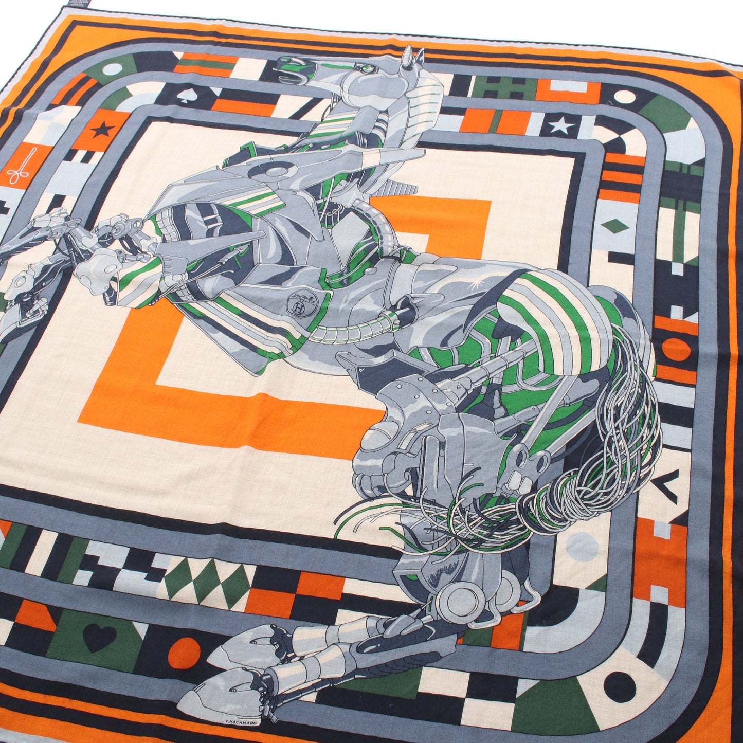 カレ100 ROBOCABAR スカーフ ストール カシミヤ シルク ブルーグレー オレンジ マルチカラー エルメス