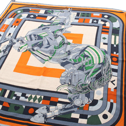 カレ100 ROBOCABAR スカーフ ストール カシミヤ シルク ブルーグレー オレンジ マルチカラー エルメス