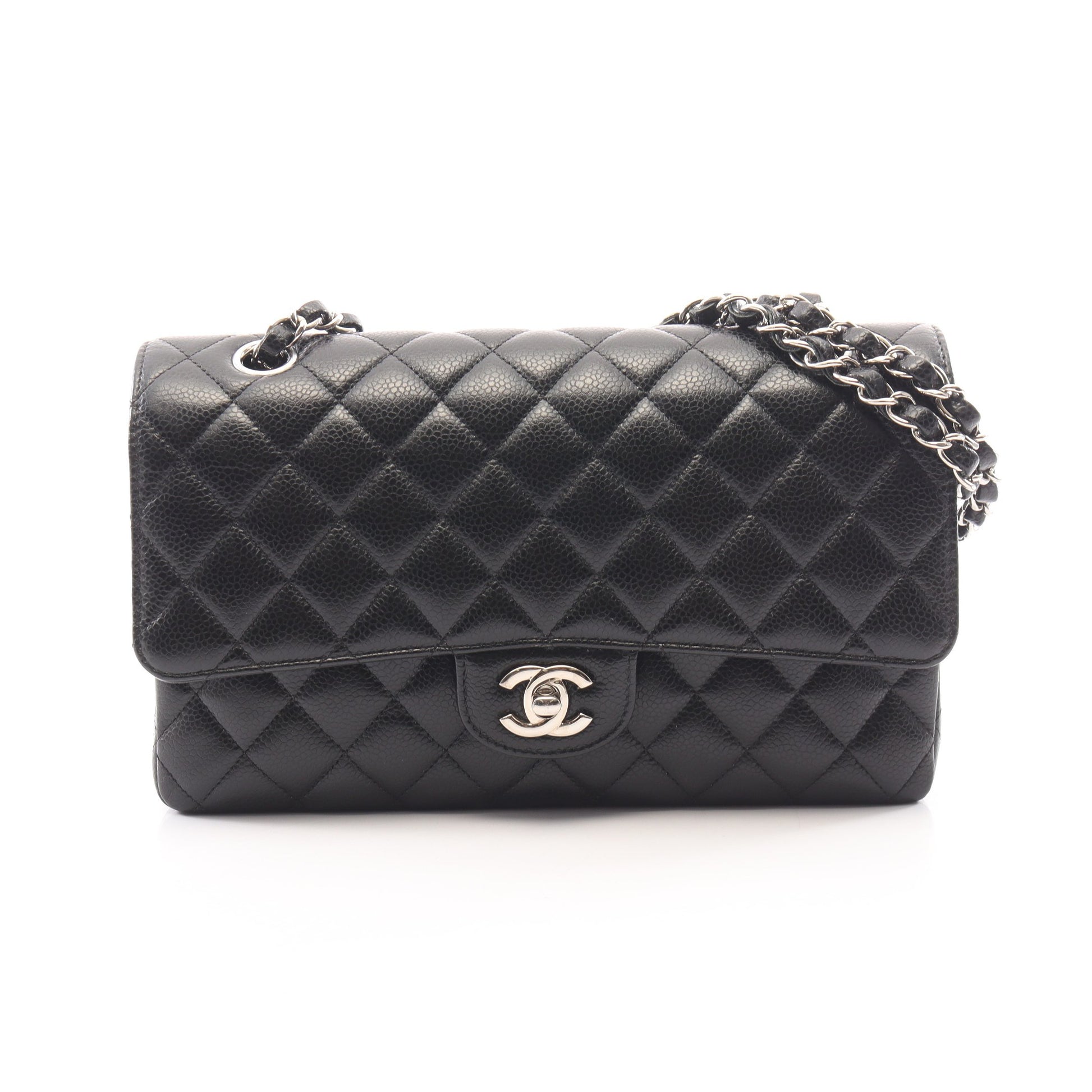 マトラッセ Wフラップ Wチェーンショルダーバッグ キャビアスキン ブラック シルバー金具 シャネル バッグ CHANEL