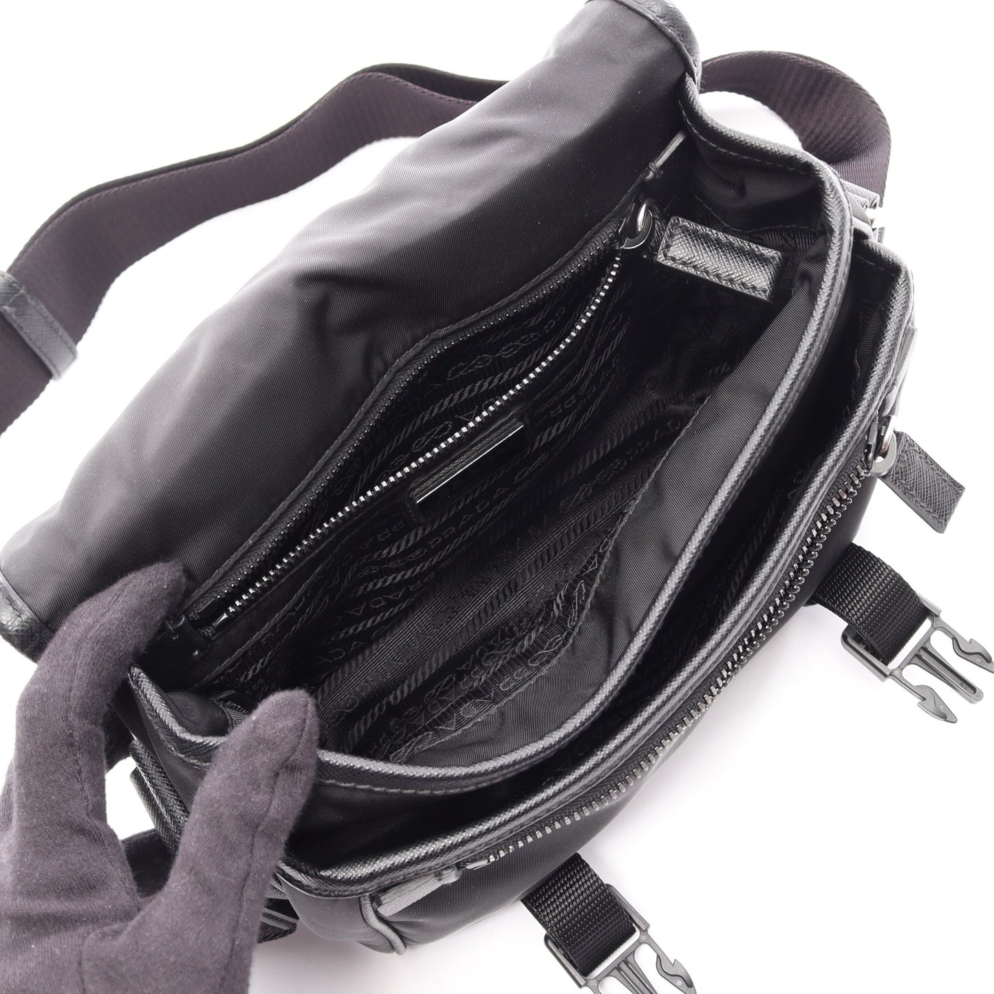 RE-NYLON TESSUTO+SAFFIANO ショルダーバッグ ナイロン サフィアーノレザー ブラック プラダ
