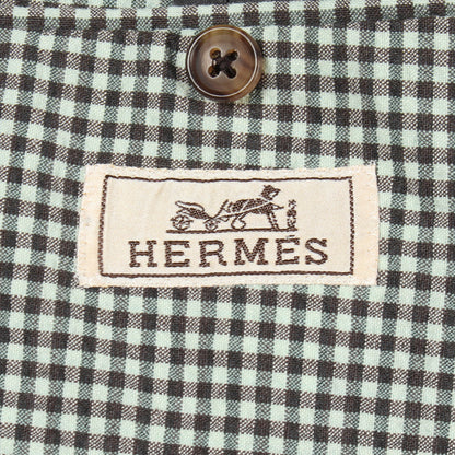チェック シアサッカー テーラードジャケット ウール コットン ブラック ライトグリーン エルメス アウター HERMES