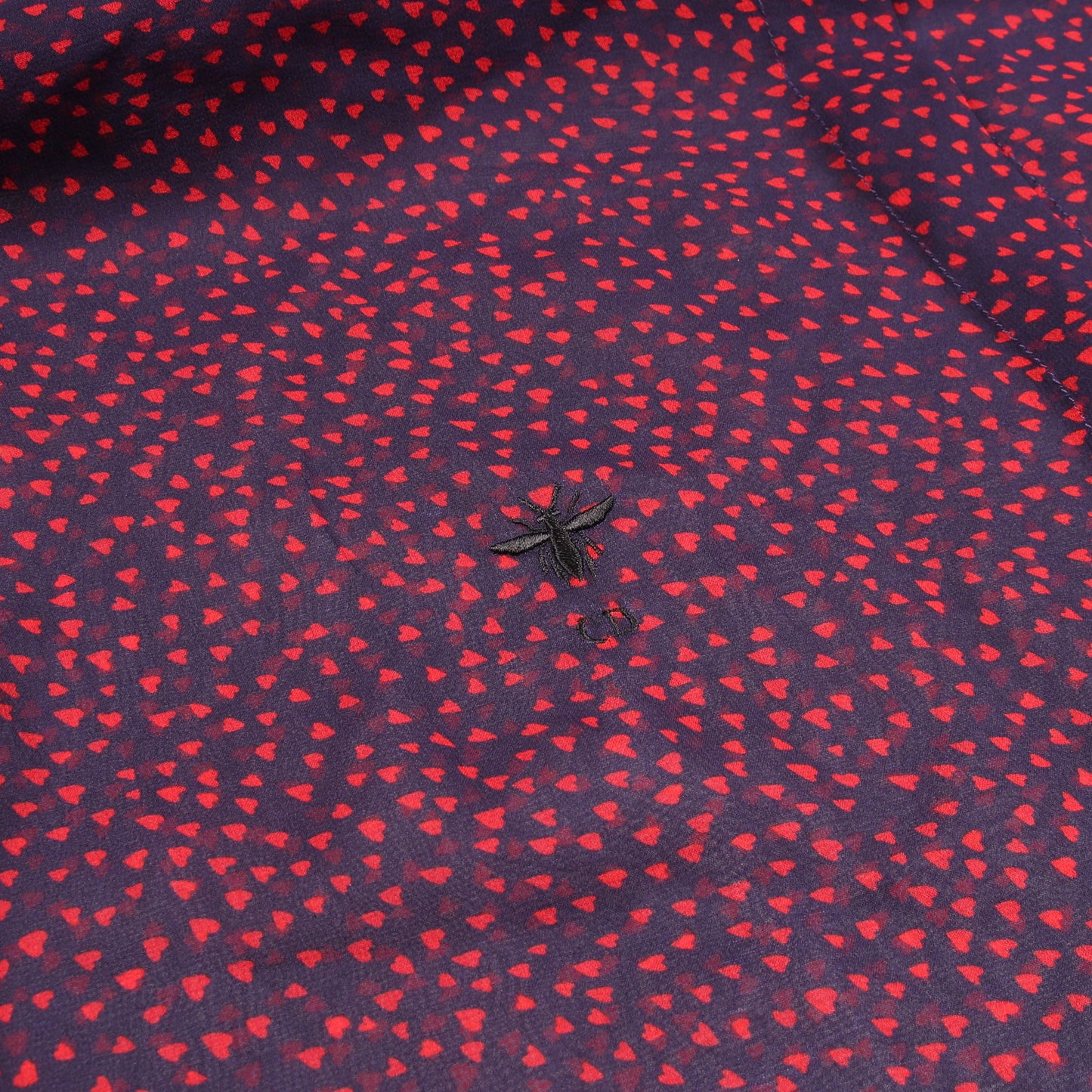Bee刺繍 ハート 総柄 ブラウス シャツ シルク ネイビー レッド クリスチャンディオール