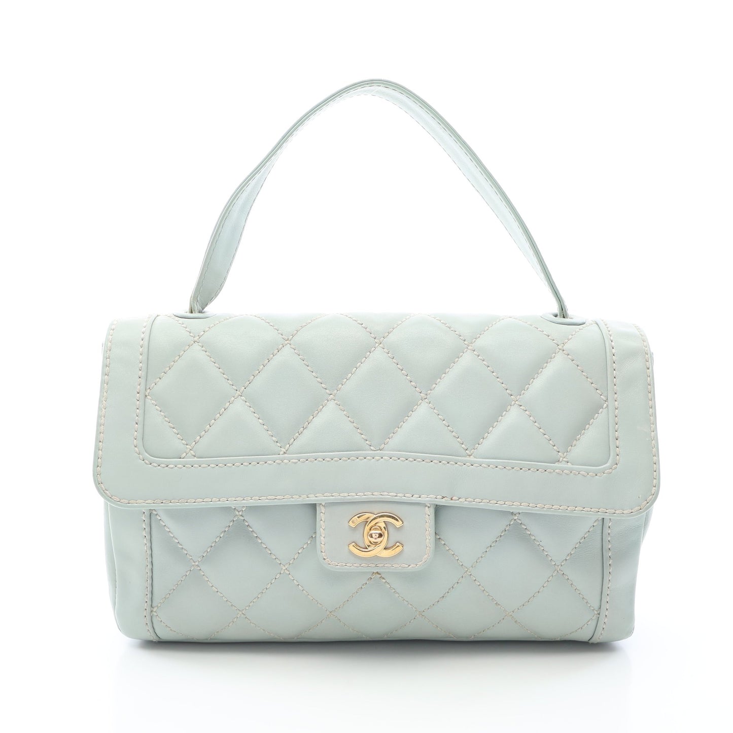 ワイルドステッチ トップハンドル ハンドバッグ レザー ライトブルー ゴールド金具 シャネル バッグ CHANEL