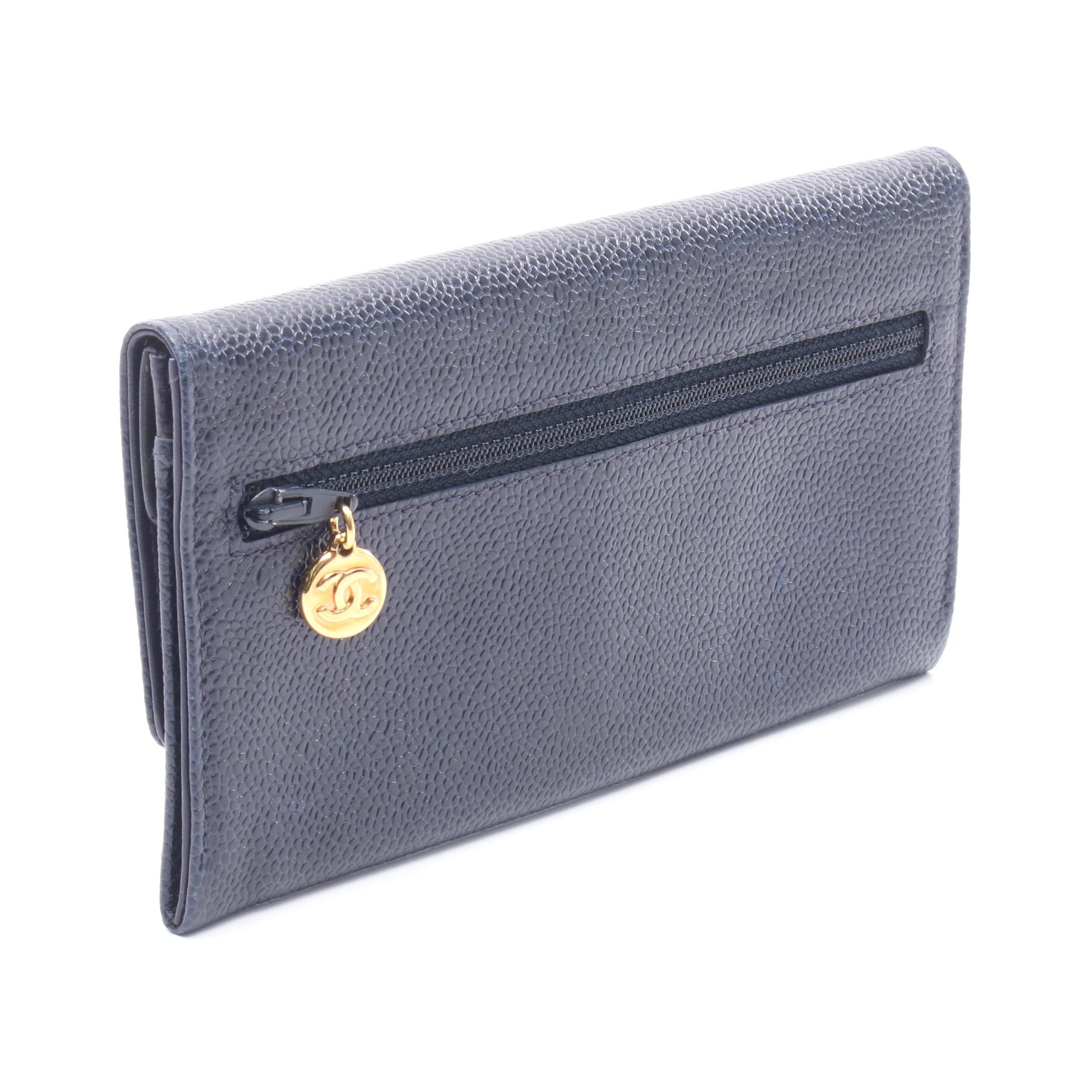 CHANEL＊シャネル＊キャビアスキン＊長財布＊二つ折り＊ココマーク ココマーク 二つ折り長財布 キャビアスキン ネイビー ゴールド金具