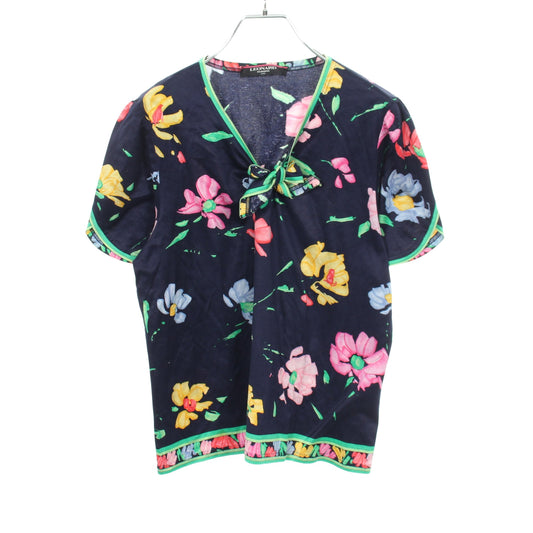 ボウタイ フラワー 半袖 トップス コットン ネイビー マルチカラー レオナールファッション トップス LEONARD FASHION