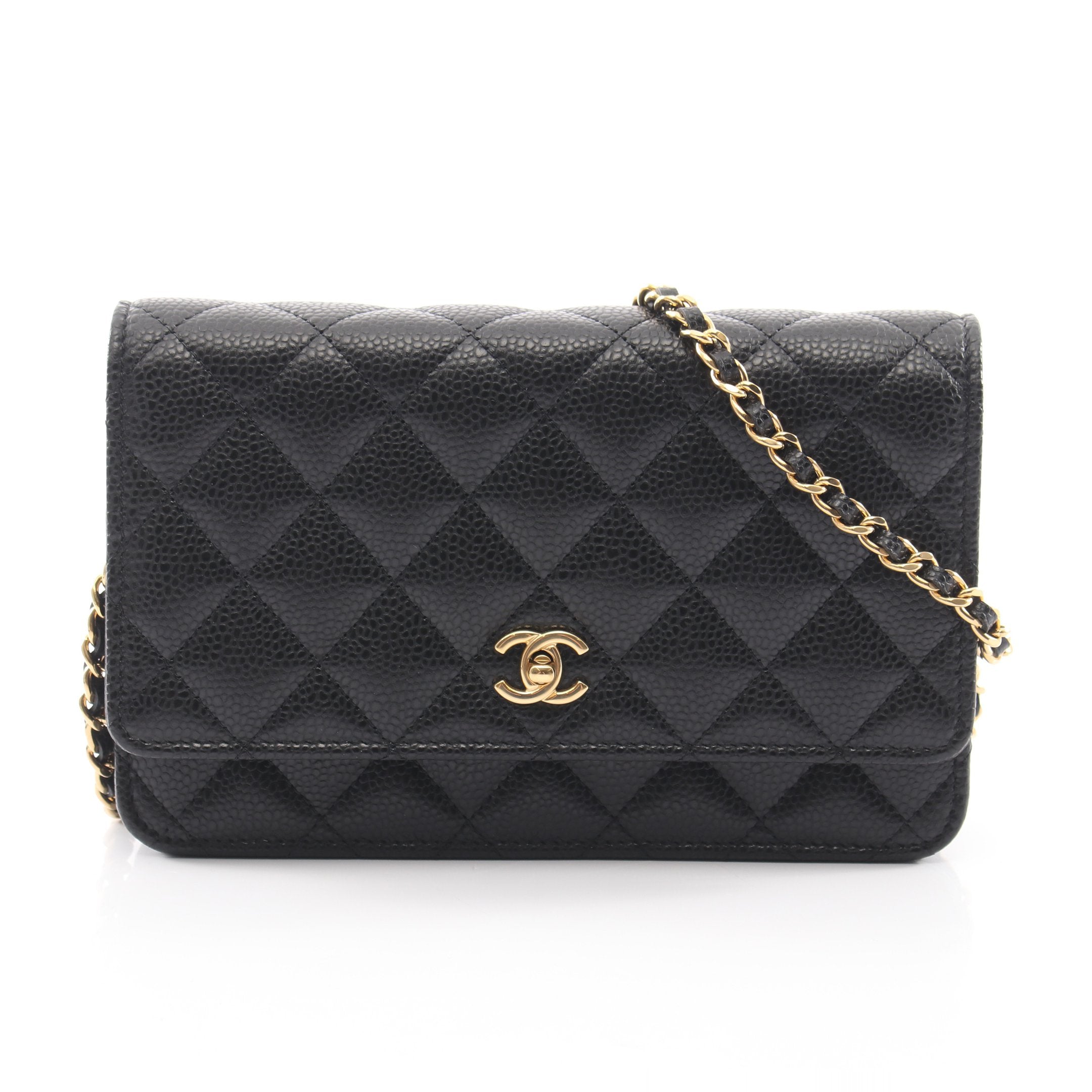 CHANEL チェーンウォレット キャビアスキン ゴールド金具 マトラッセ チェーンウォレット キャビアスキン ブラック ゴールド金具