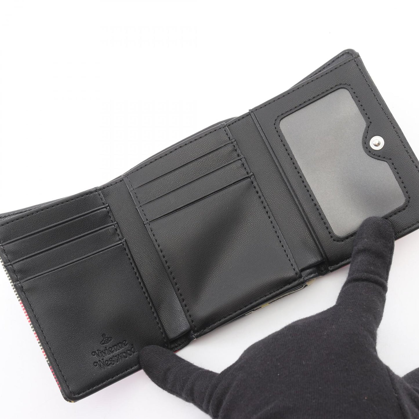 SMALL FRAME WALLET BIOGREEN SAFFIANO PRINTED 3 オーブ 三つ折り財布 その他 フェイクレザー ブラック マルチカラー ヴィヴィアンウエストウッド