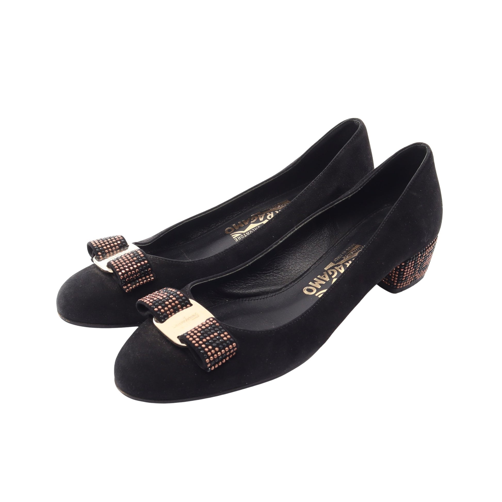 ヴァラリボン パンプス スエード ラインストーン ブラック サルヴァトーレフェラガモ シューズ Salvatore Ferragamo