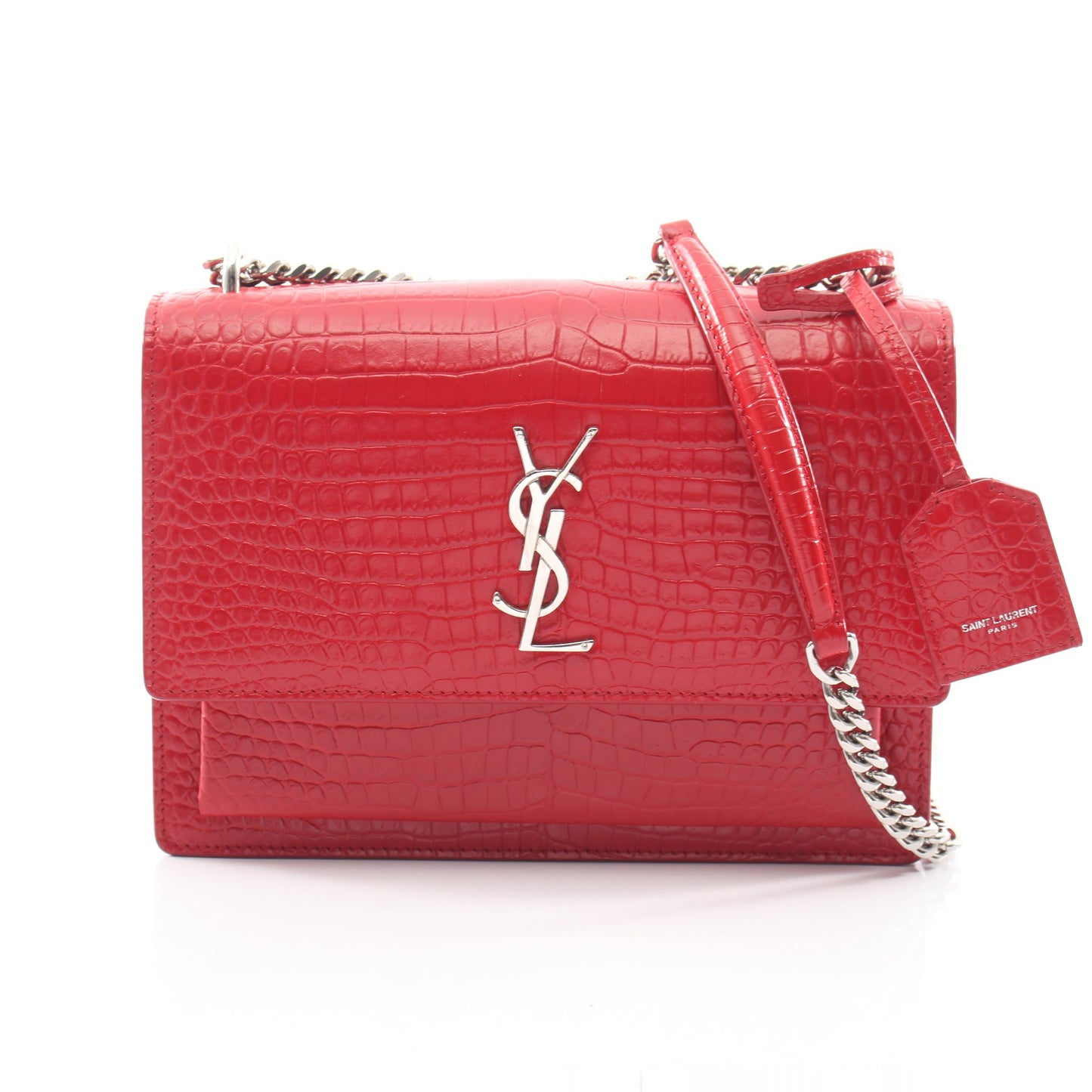 サンセット クロコ型押し チェーンショルダーバッグ レザー レッド サンローランパリ バッグ SAINT LAURENT PARIS