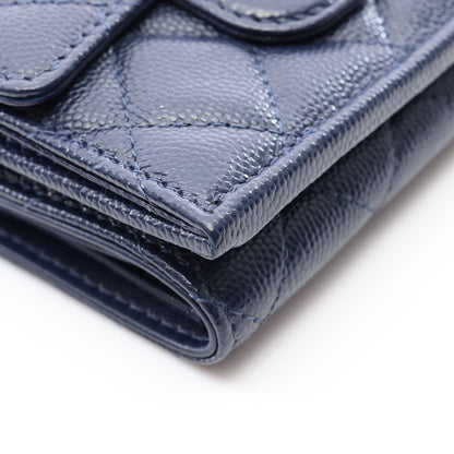 クラシック スモール フラップ ウォレット マトラッセ 三つ折り財布 キャビアスキン ネイビー ゴールド金具 シャネル 財布・小物 CHANEL