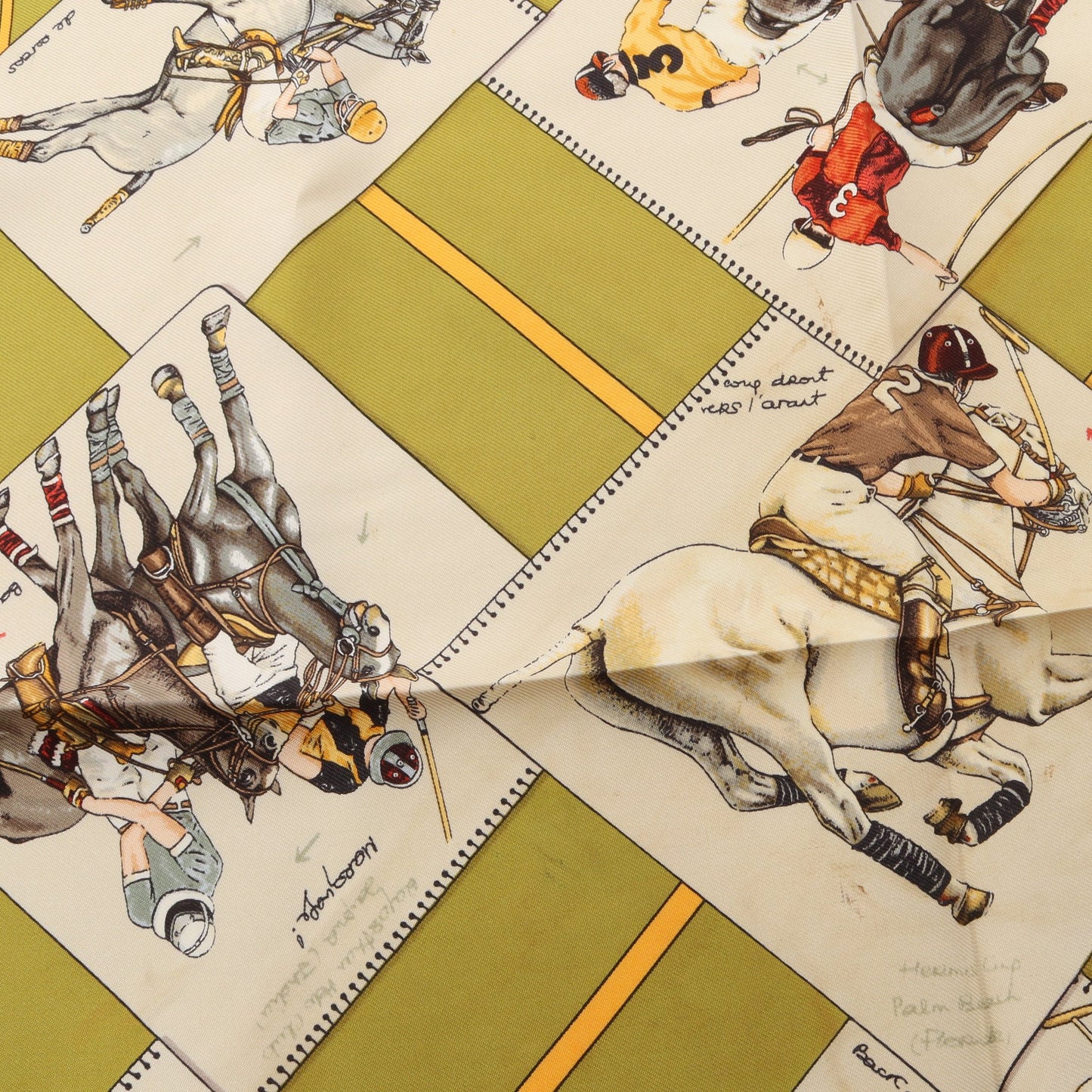 プチカレ カレ45 LE MONDE DU POLO スカーフ シルク イエローグリーン マルチカラー エルメス 財布・小物 HERMES