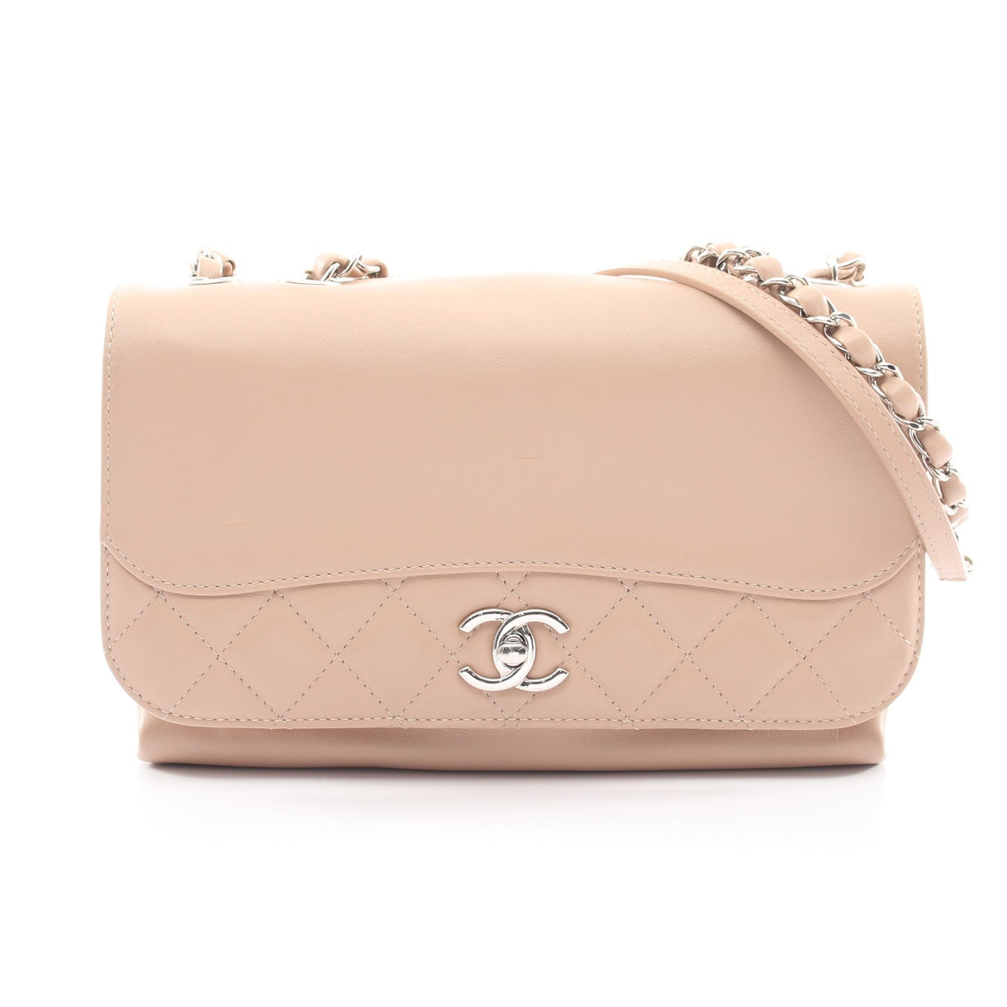マトラッセ Wチェーンショルダーバッグ ラムスキン ピンクベージュ シルバー金具 シャネル バッグ CHANEL