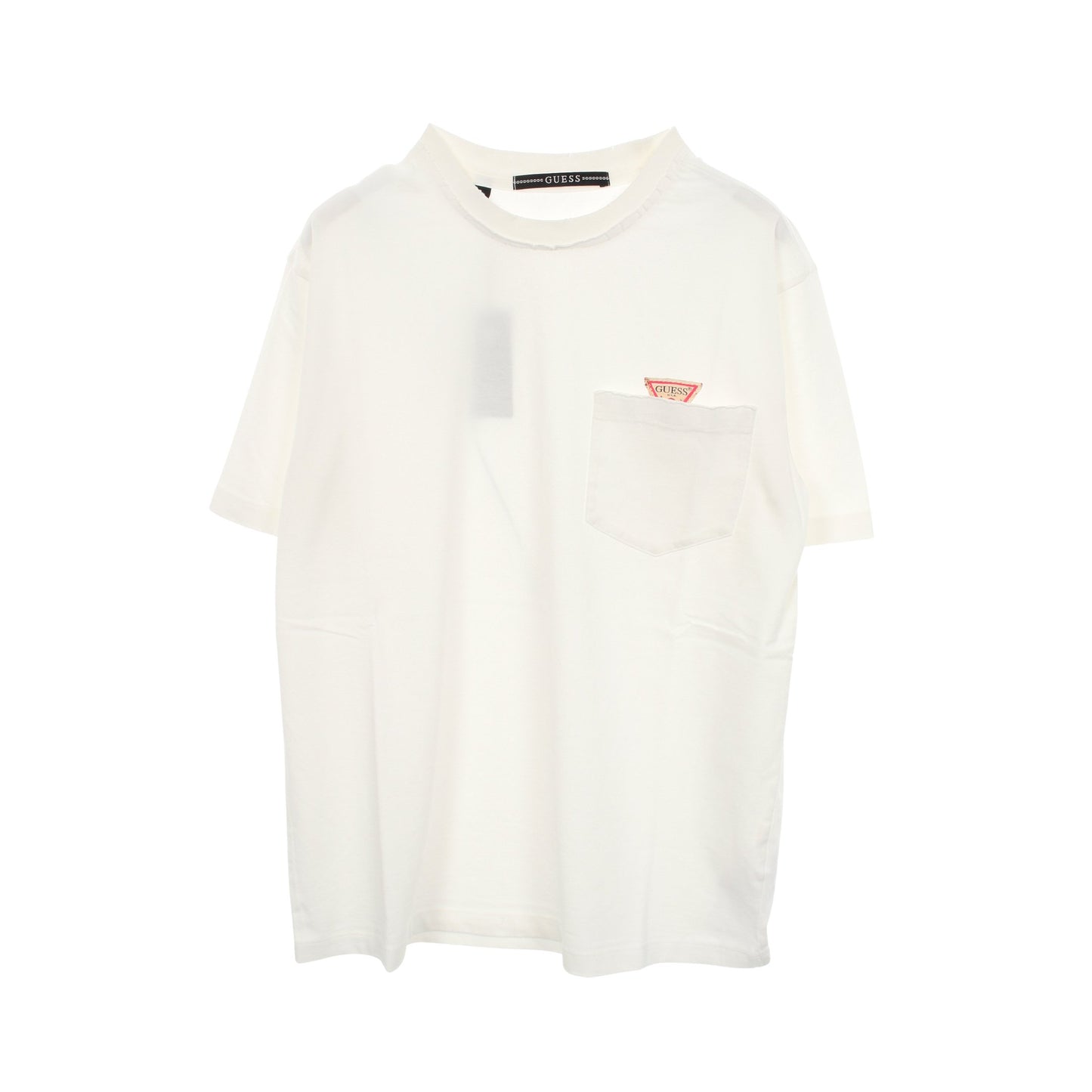ロゴ ポケット付き ダメージ加工 半袖Tシャツ コットン ホワイト ゲス