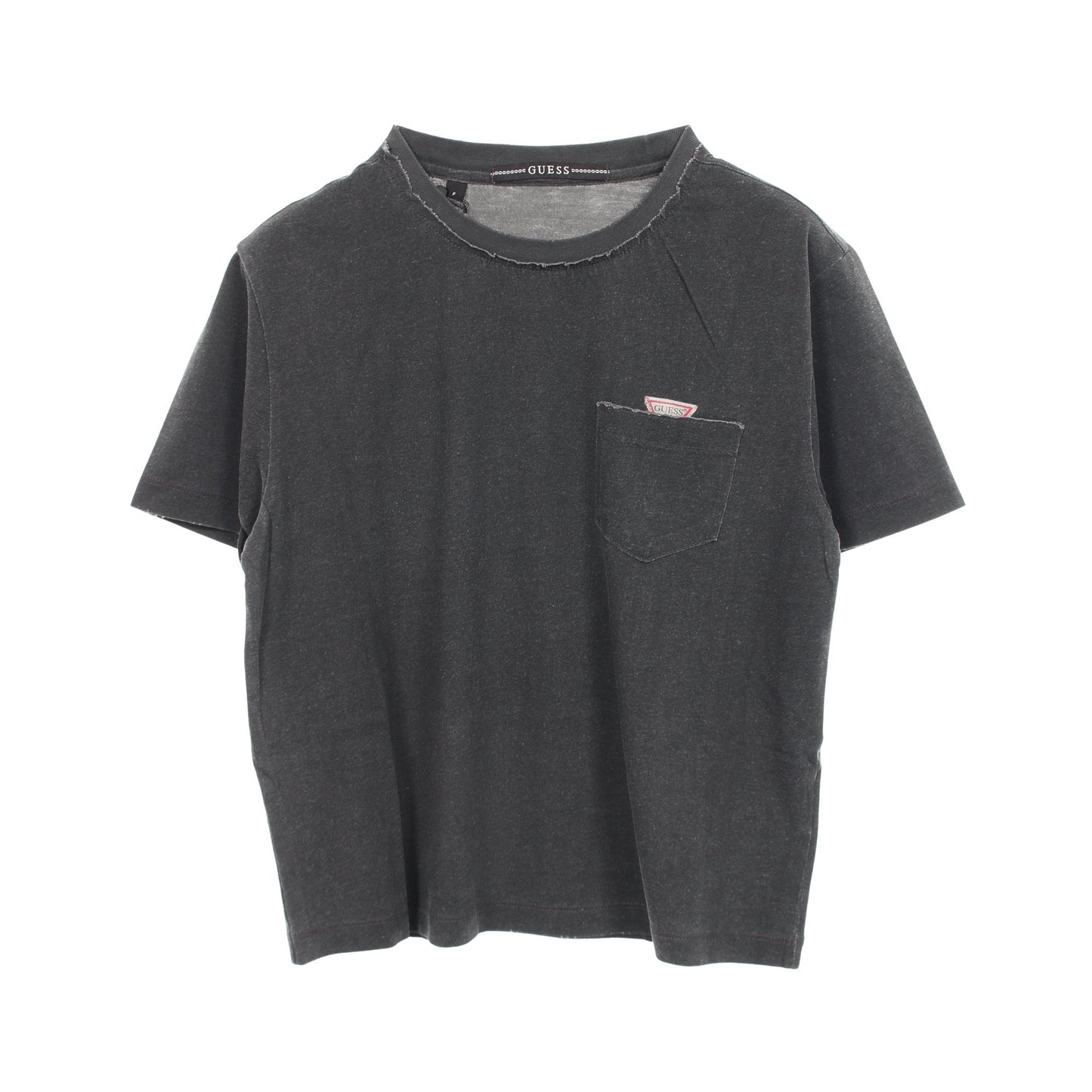 ロゴ ポケット付き ダメージ加工 半袖Tシャツ コットン ダークグレー ゲス