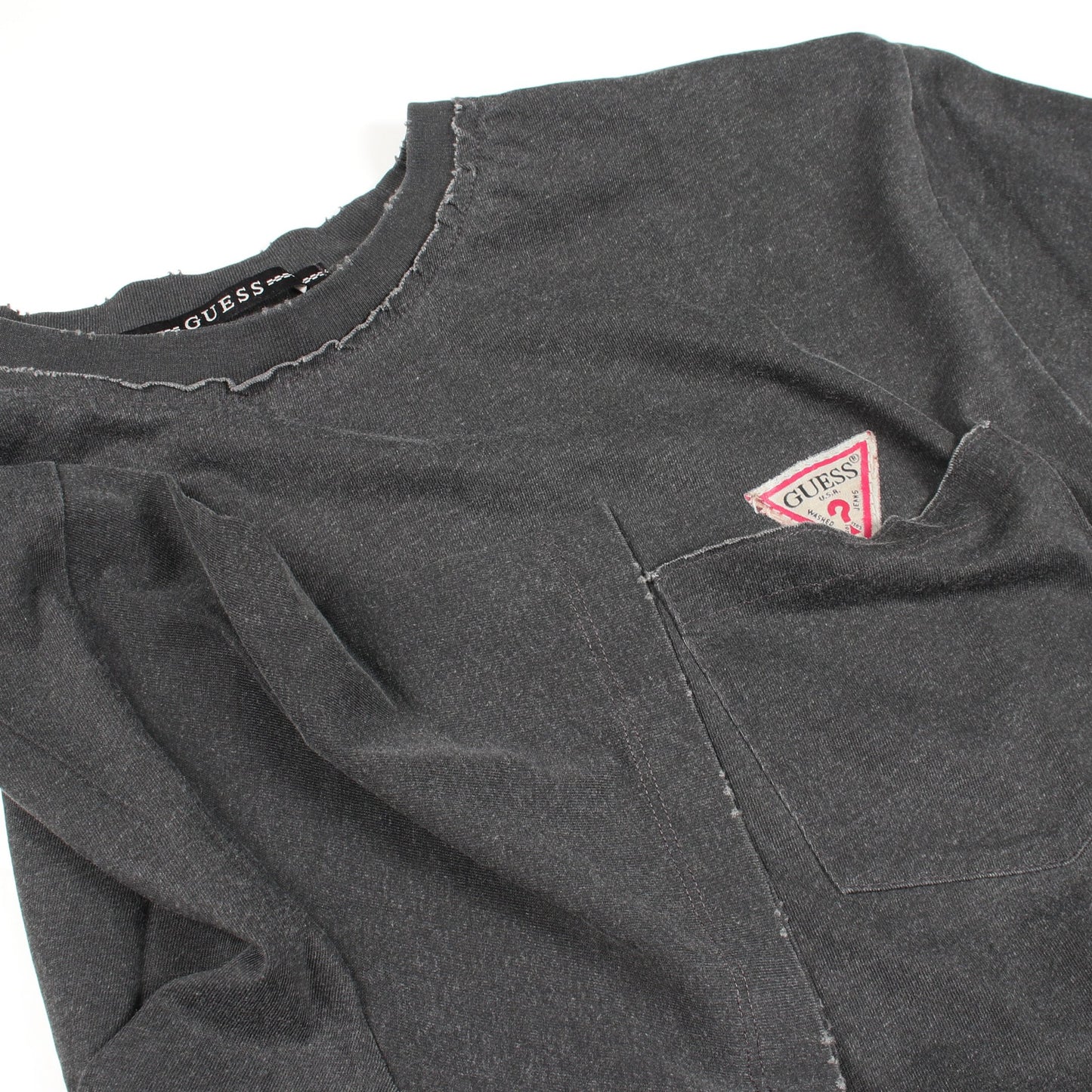 ロゴ ポケット付き ダメージ加工 半袖Tシャツ コットン ダークグレー ゲス
