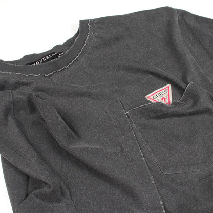 ロゴ ポケット付き ダメージ加工 半袖Tシャツ コットン ダークグレー ゲス