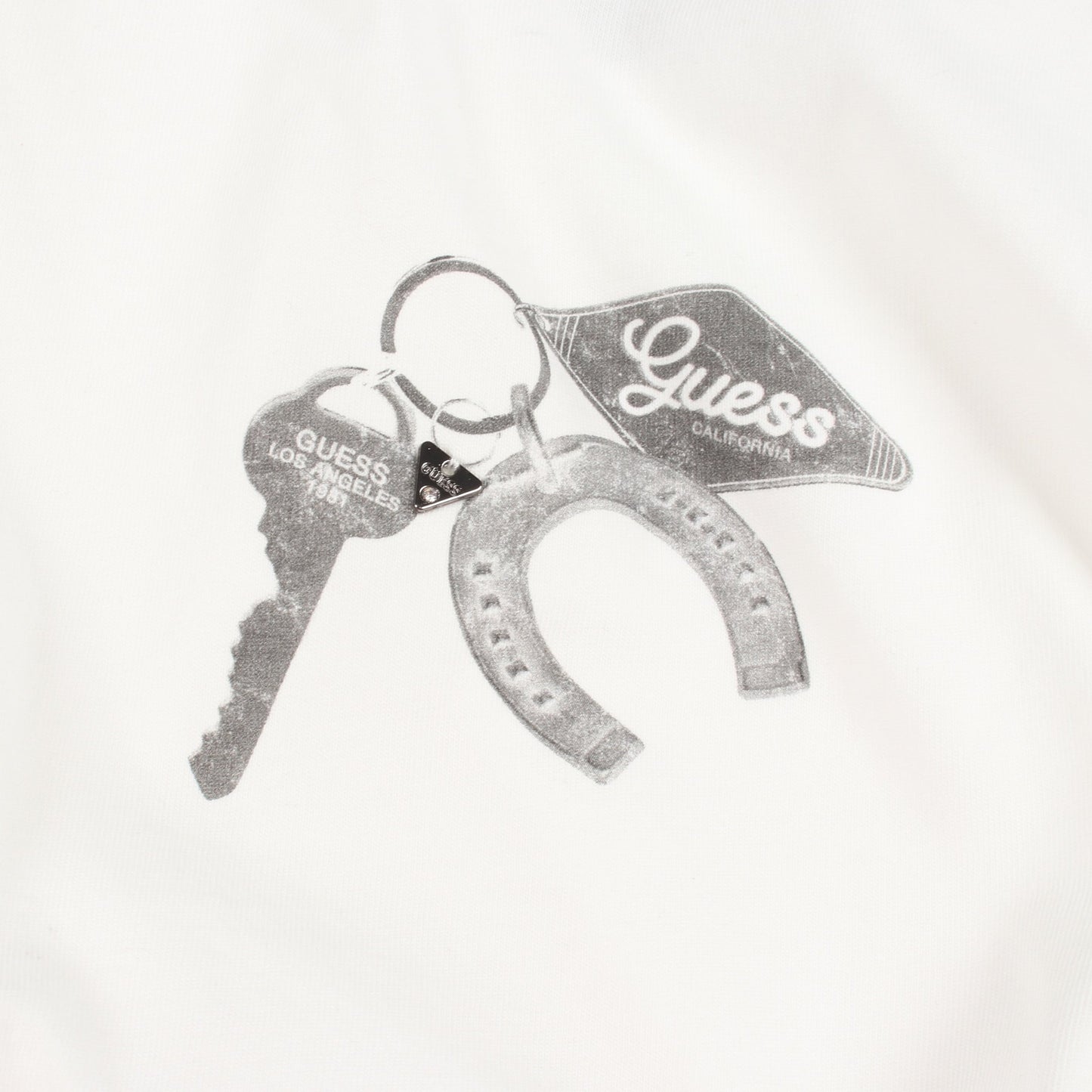 キーチェーン ダメージ加工 半袖Tシャツ コットン ホワイト ゲス