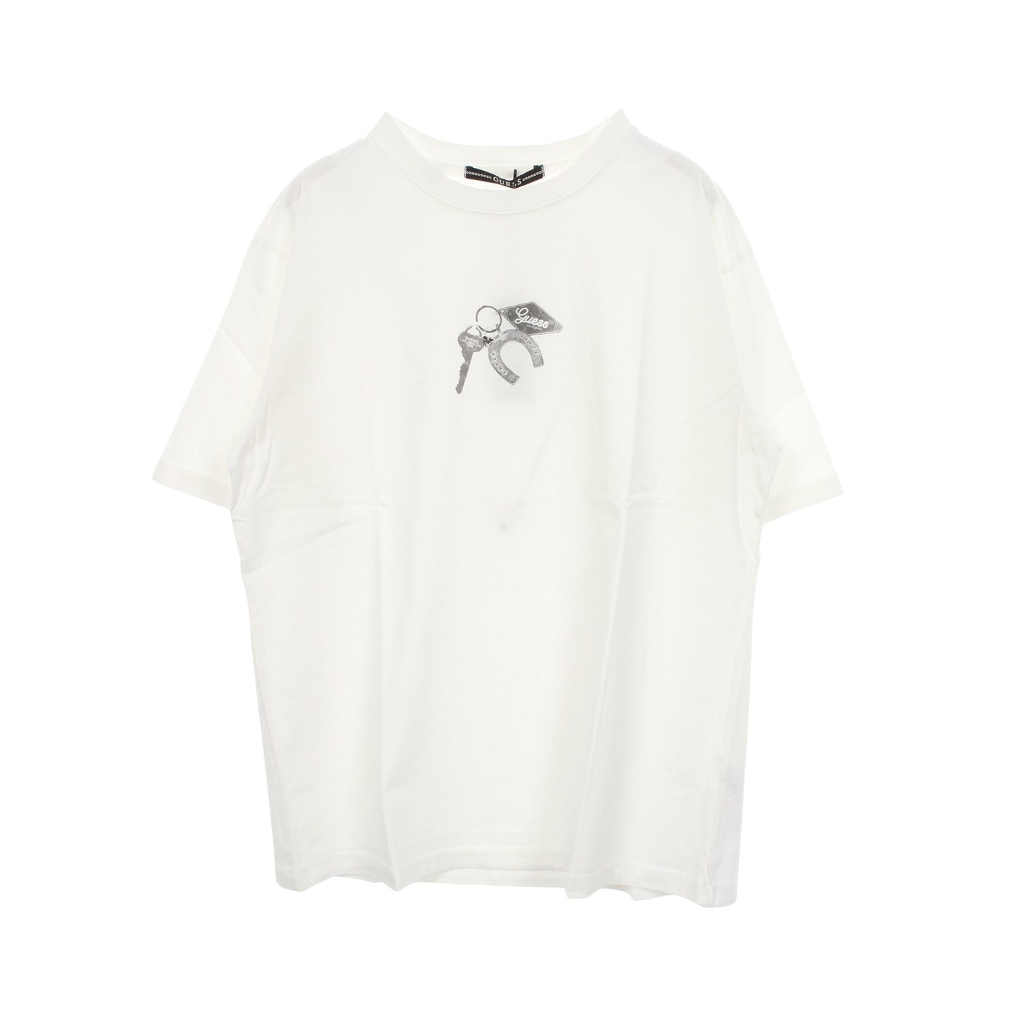 キーチェーン ダメージ加工 半袖Tシャツ コットン ホワイト ゲス