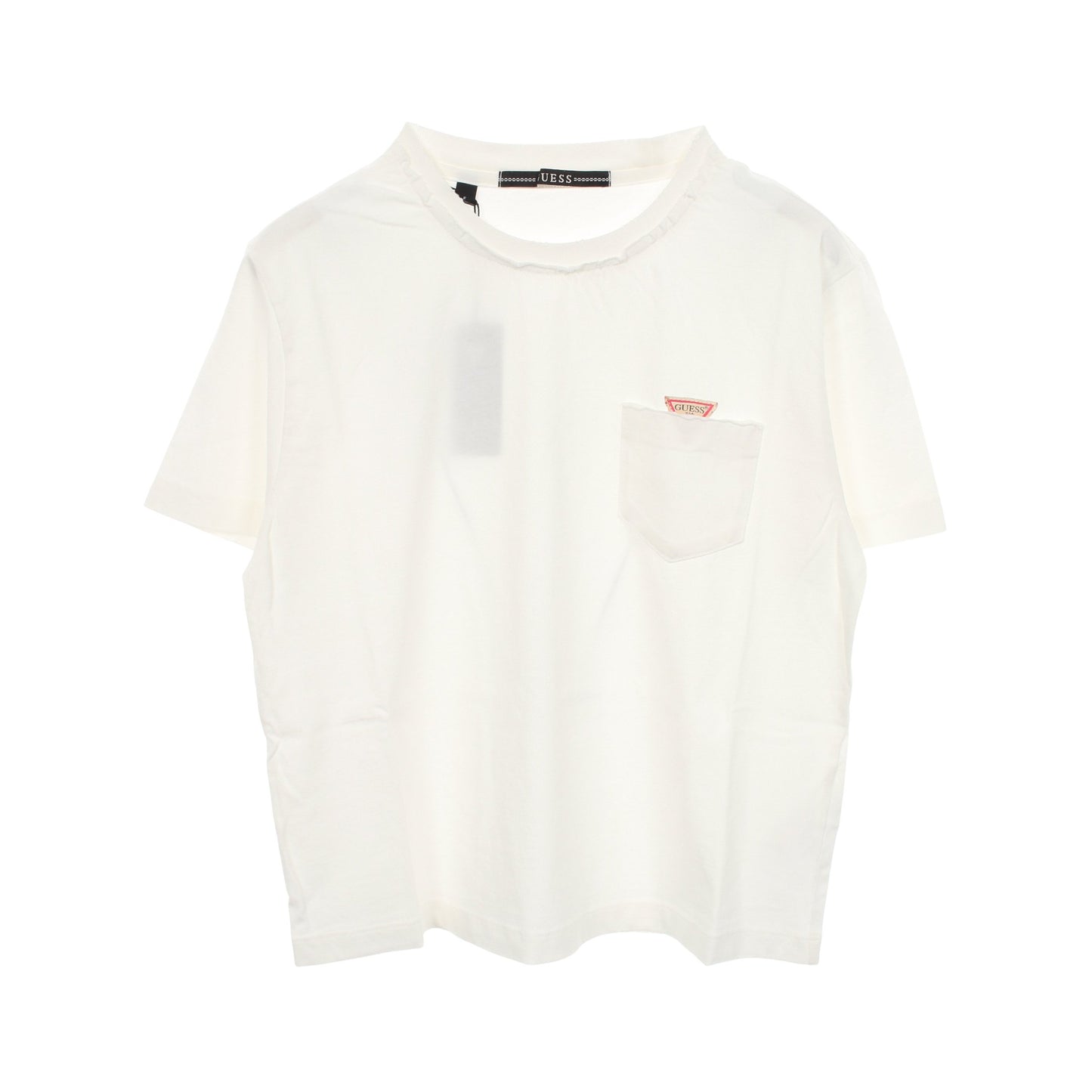 ロゴ ポケット付き ダメージ加工 半袖Tシャツ コットン ホワイト ゲス