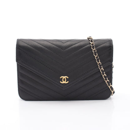 Vステッチ チェーンウォレット レザー ブラック ゴールド金具 シャネル バッグ CHANEL