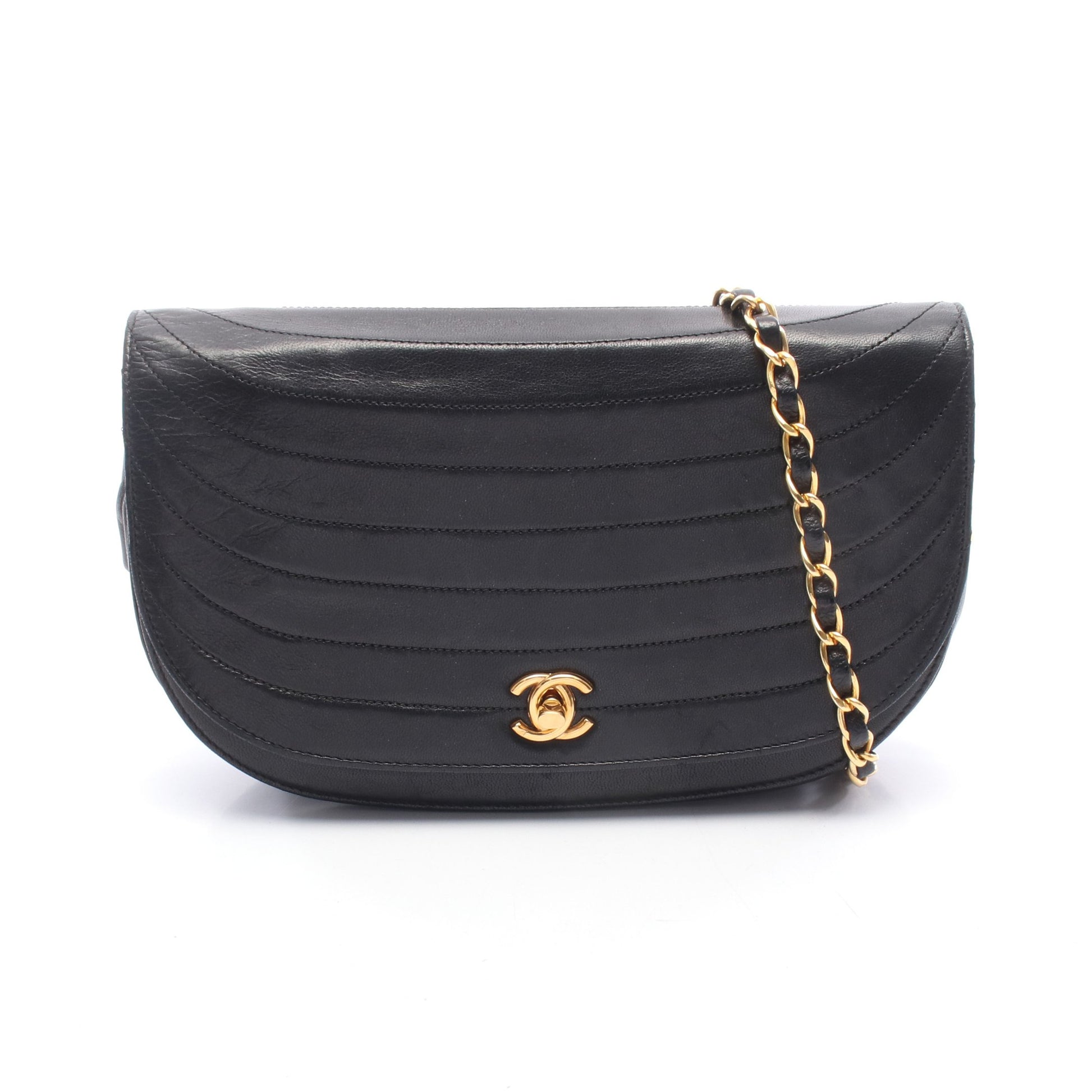ハーフムーン チェーンショルダーバッグ ラムスキン ブラック ゴールド金具 ヴィンテージ シャネル バッグ CHANEL