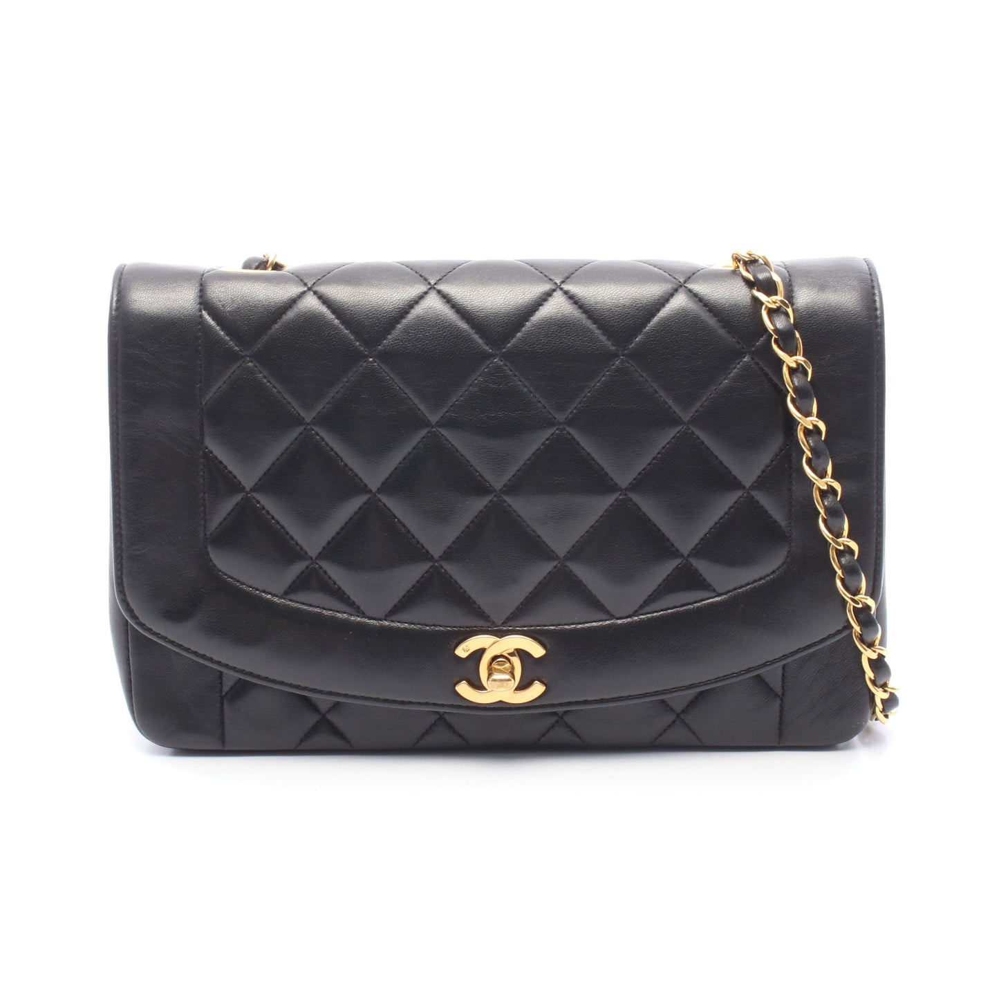 マトラッセ ダイアナフラップ チェーンショルダーバッグ ラムスキン ブラック ゴールド金具 シャネル バッグ CHANEL