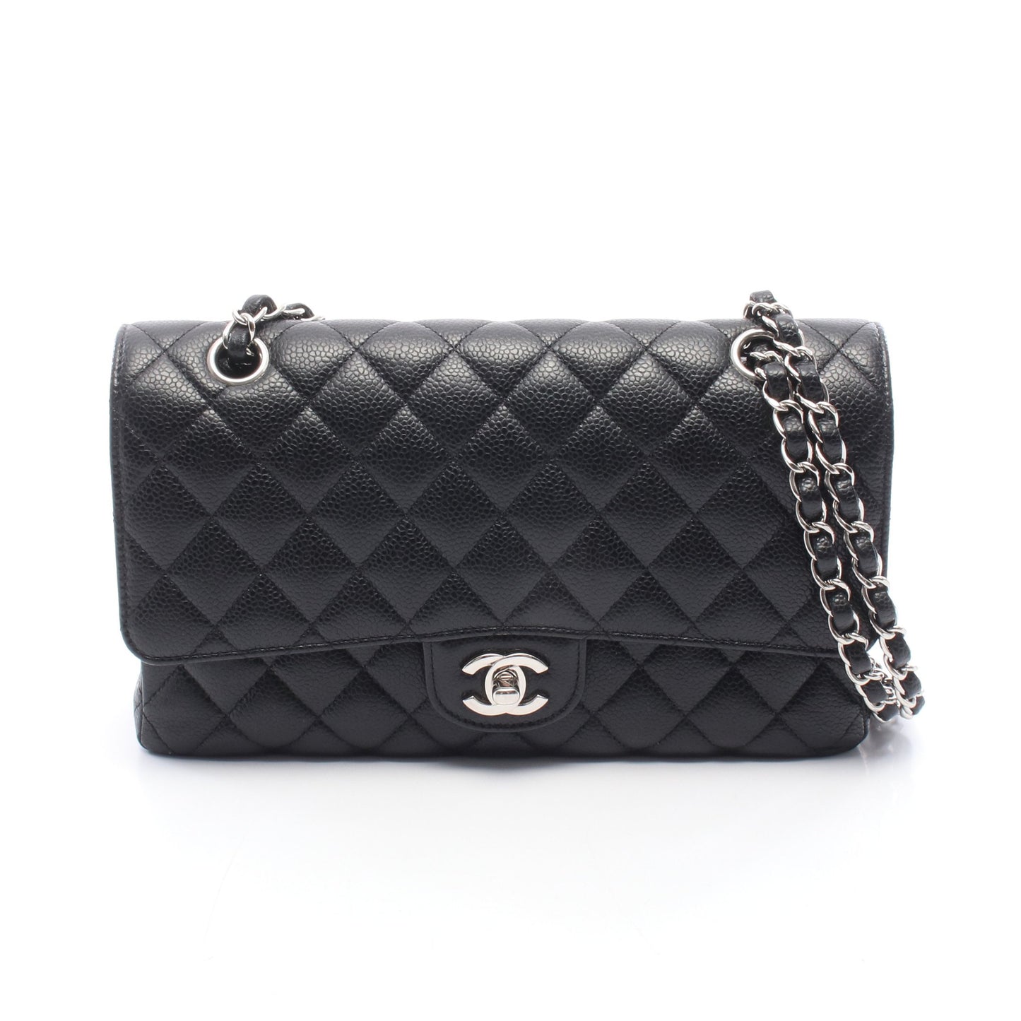 マトラッセ Wフラップ Wチェーンショルダーバッグ キャビアスキン ブラック シルバー金具 シャネル バッグ CHANEL