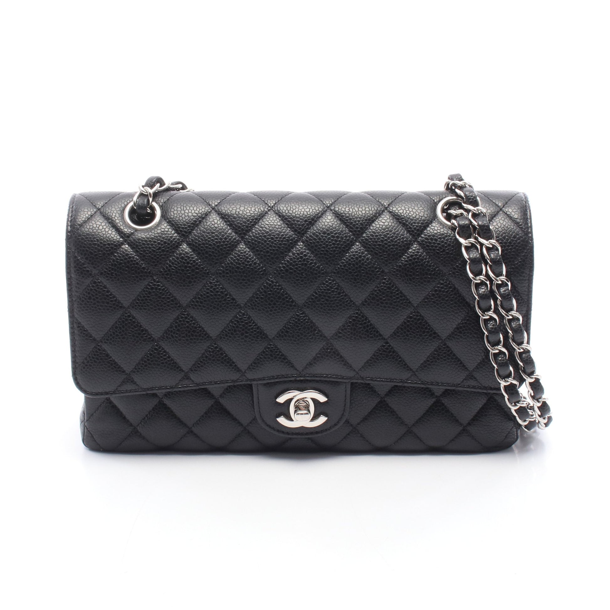 マトラッセ Wフラップ Wチェーンショルダーバッグ キャビアスキン ブラック シルバー金具 シャネル バッグ CHANEL