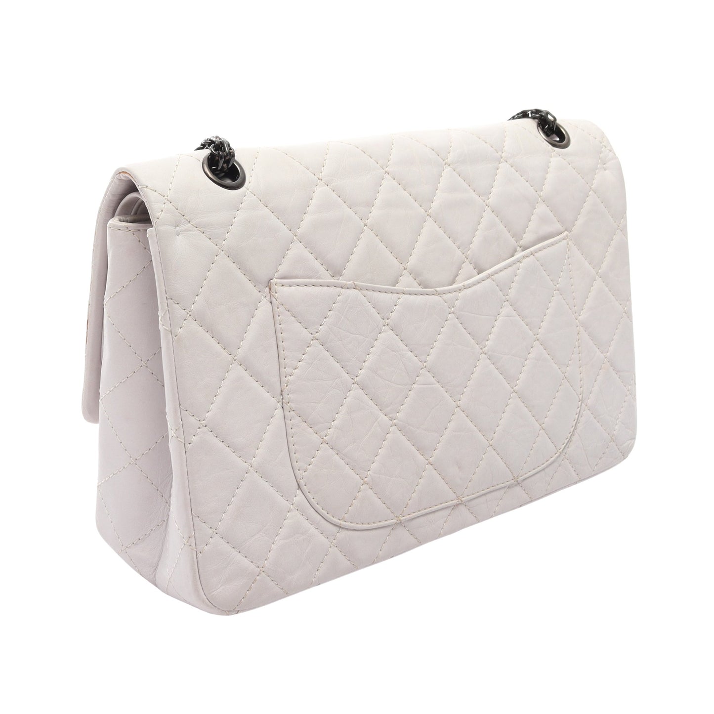 2.55 マトラッセ マキシ マドモアゼルチェーン Wフラップ Wチェーンショルダーバッグ エイジドカーフスキン オフホワイト ブラック金具 シャネル