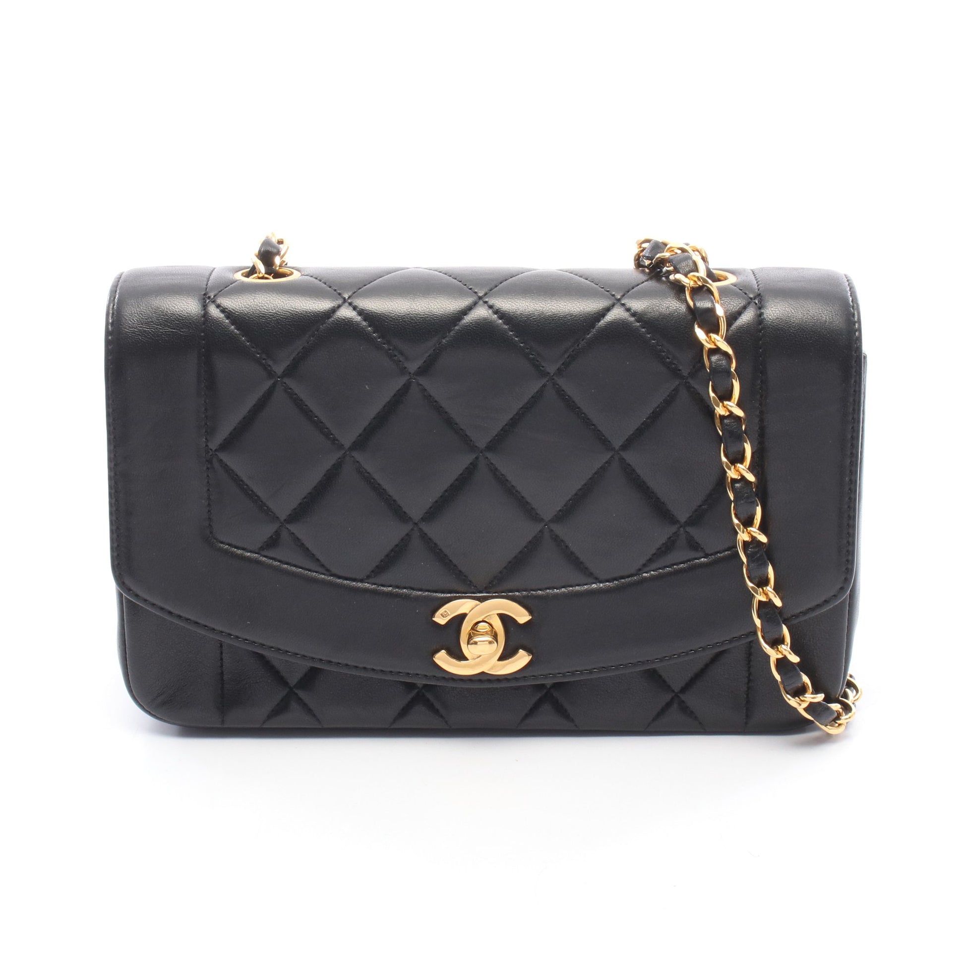 マトラッセ ダイアナフラップ チェーンショルダーバッグ ラムスキン ブラック ゴールド金具 シャネル バッグ CHANEL