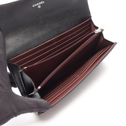 クラシック ロング フラップ ウォレット マトラッセ 二つ折り長財布 キャビアスキン ブラック シルバー金具 シャネル
