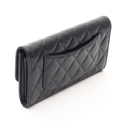 クラシック ロング フラップ ウォレット マトラッセ 二つ折り長財布 キャビアスキン ブラック シルバー金具 シャネル