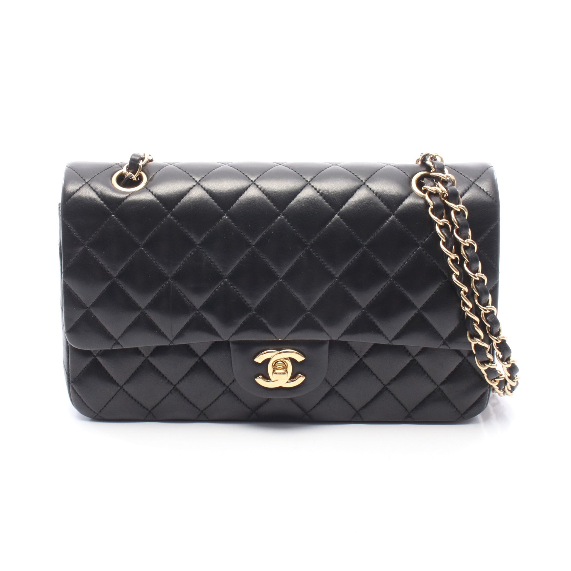 マトラッセ Wフラップ Wチェーンショルダーバッグ ラムスキン ブラック ゴールド金具 シャネル バッグ CHANEL
