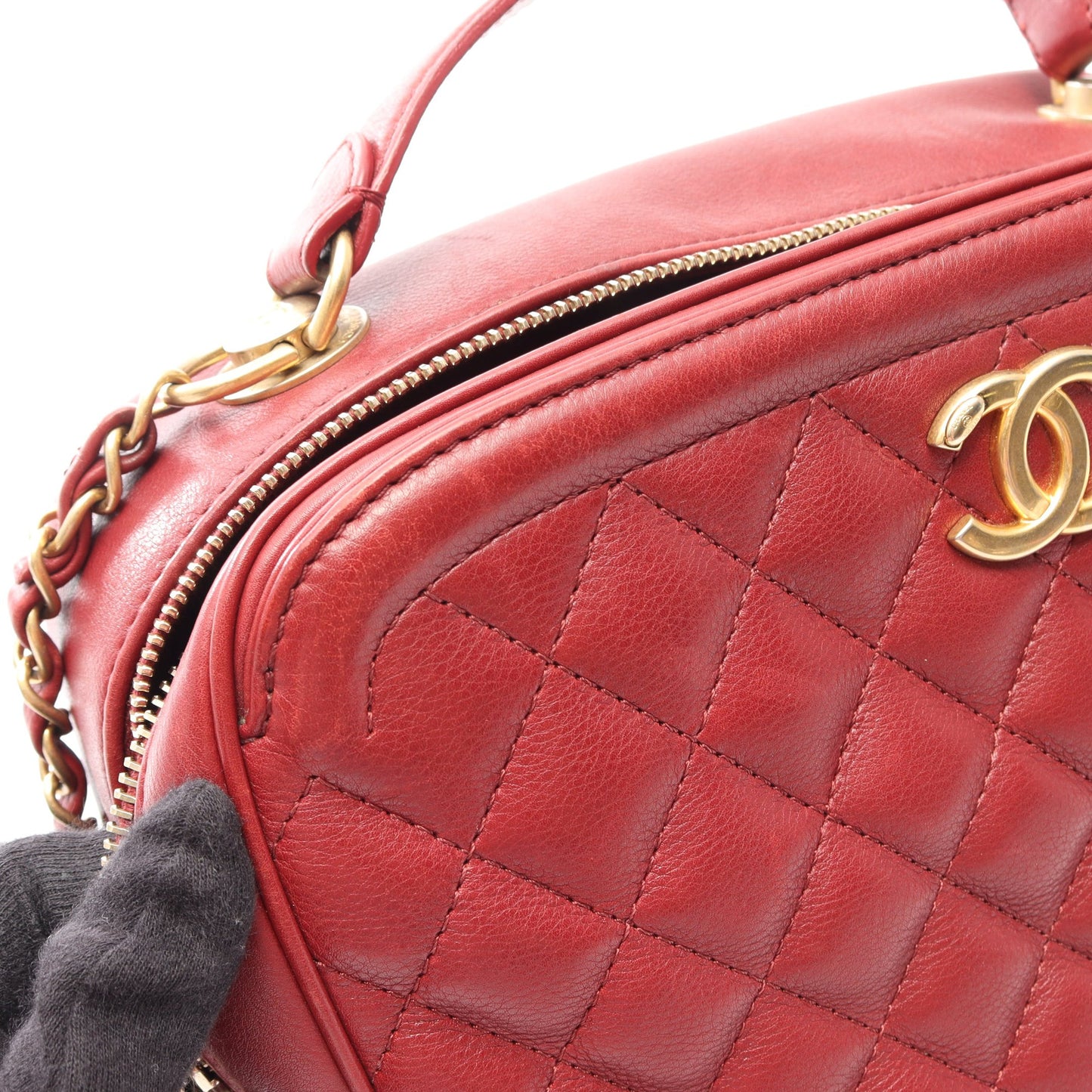 マトラッセ トップハンドル 2WAY チェーンショルダーバッグ レザー レッド ゴールド金具 シャネル