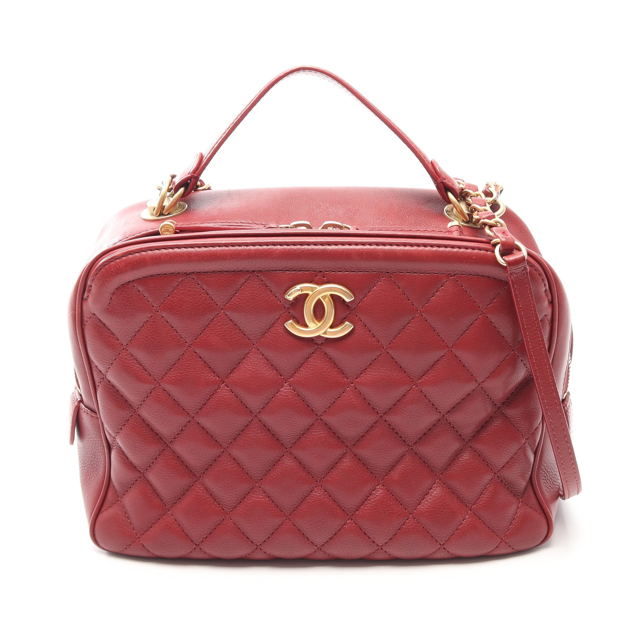 CHANEL レッド キルティング ショルダーバッグ マトラッセ トップハンドル 2WAY チェーンショルダーバッグ レザー