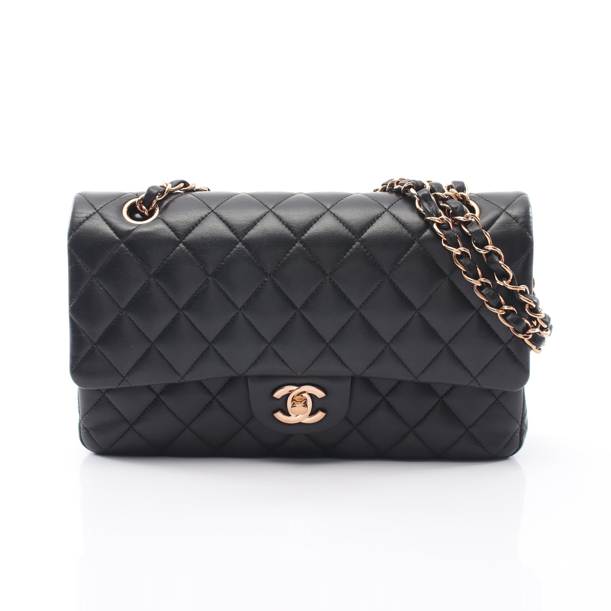 マトラッセ Wフラップ Wチェーンショルダーバッグ ラムスキン ブラック ピンクゴールド金具 シャネル バッグ CHANEL