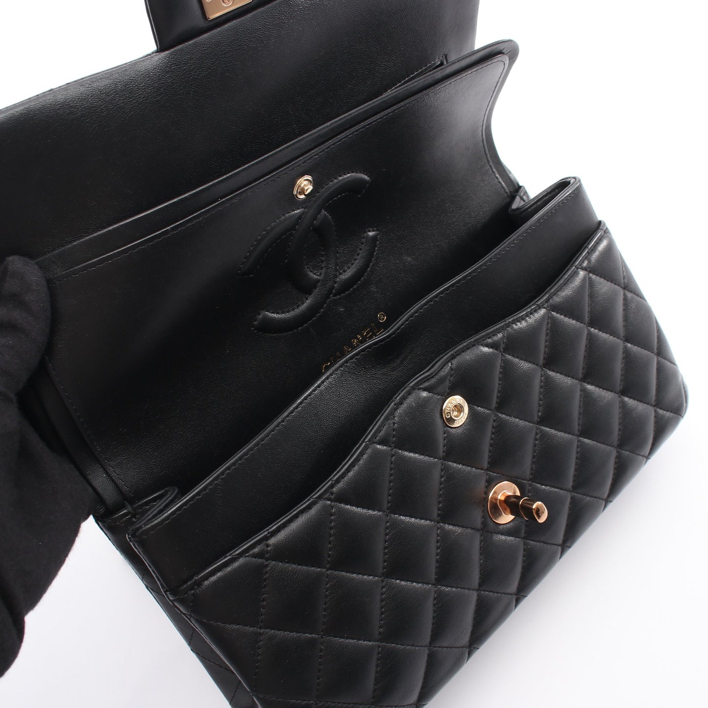 マトラッセ Wフラップ Wチェーンショルダーバッグ ラムスキン ブラック ピンクゴールド金具 シャネル バッグ CHANEL