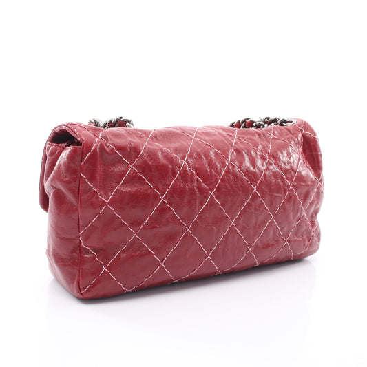 ワイルドステッチ Wチェーンショルダーバッグ レザー ボルドー シルバー金具 シャネル