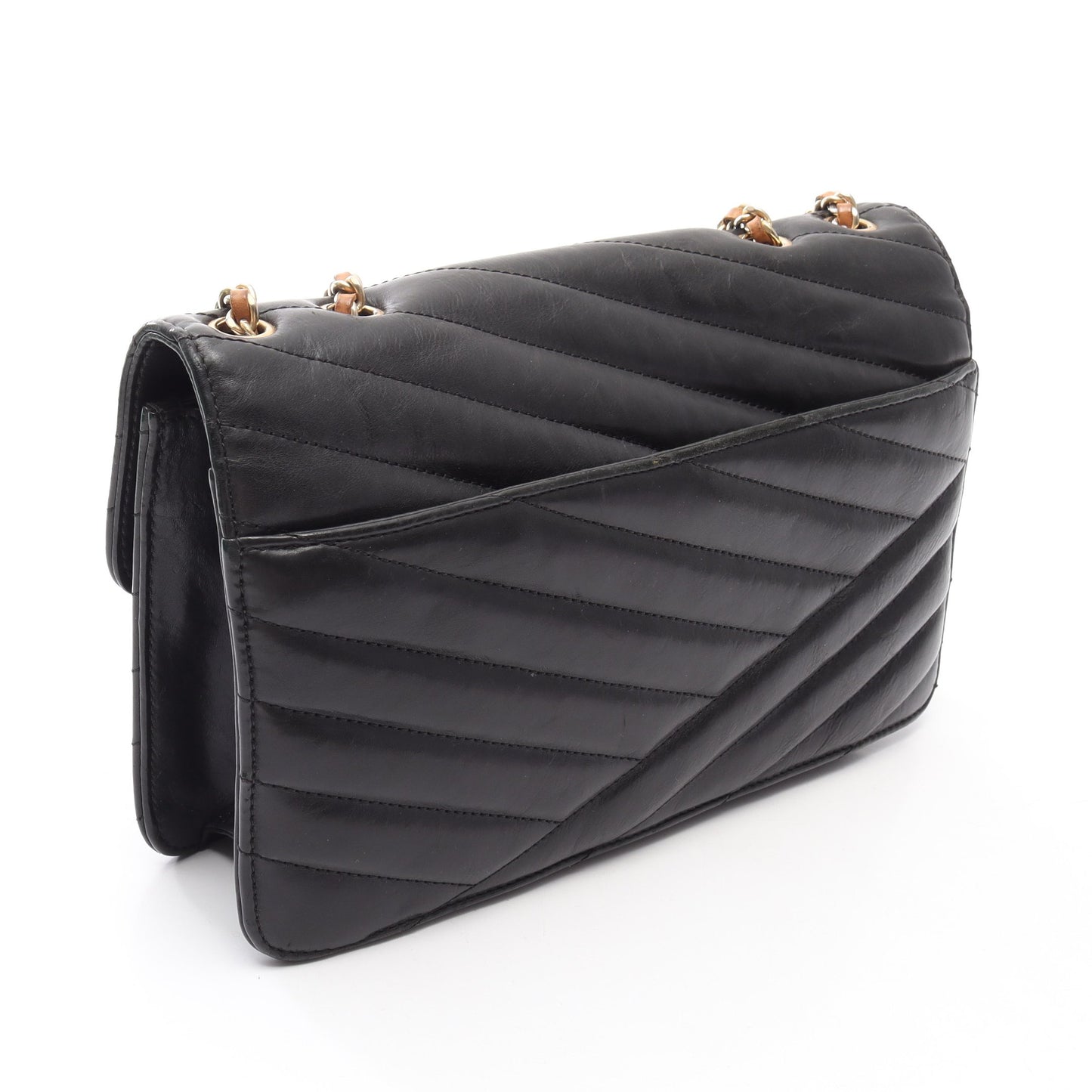 バイアスステッチ チェーンショルダーバッグ レザー ブラック ゴールド金具 シャネル バッグ CHANEL