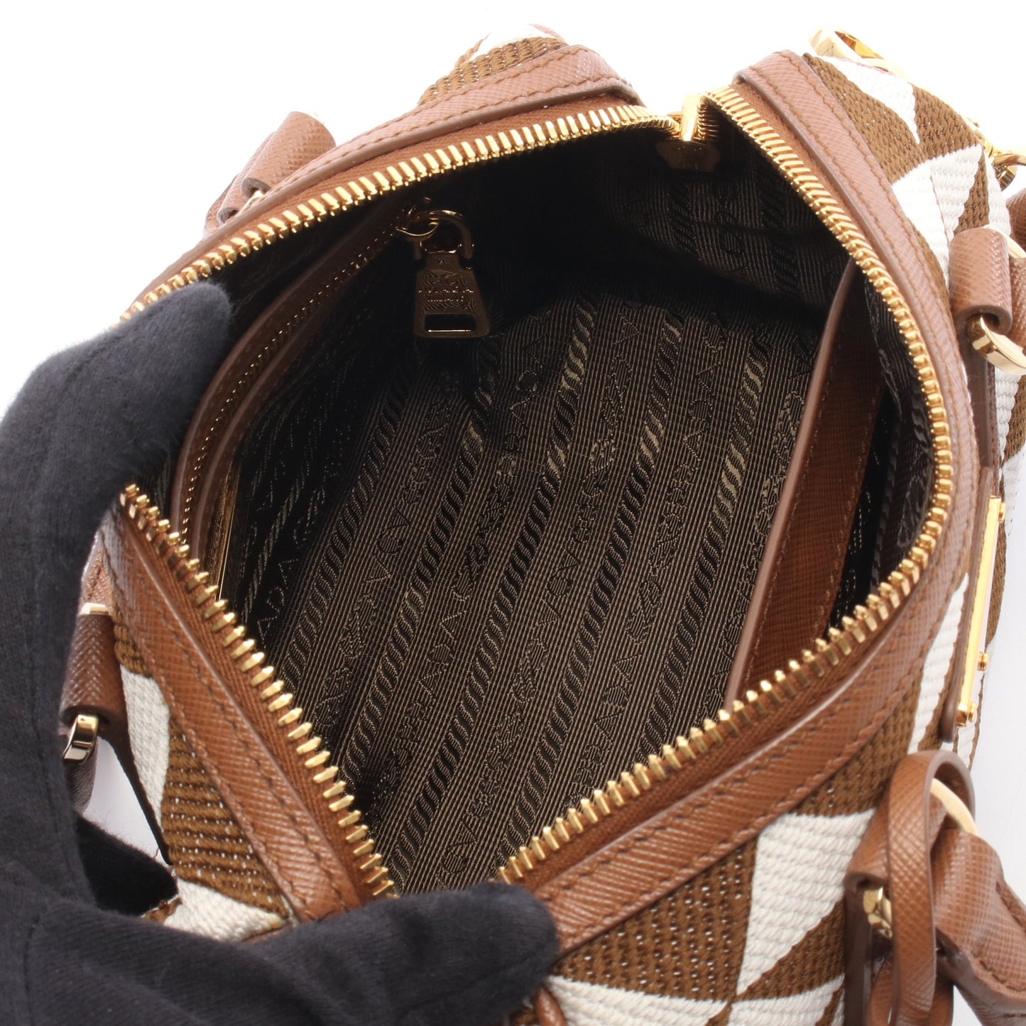 TRIANGOLO JACQU 2WAY ハンドバッグ キャンバス レザー ブラウン ホワイト プラダ