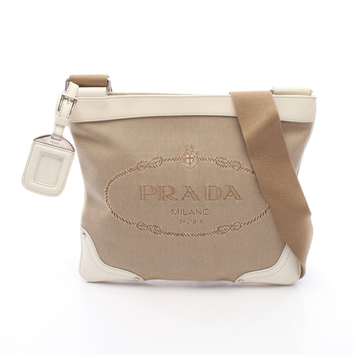 ロゴジャガード ショルダーバッグ キャンバス レザー ベージュ アイボリー プラダ バッグ PRADA