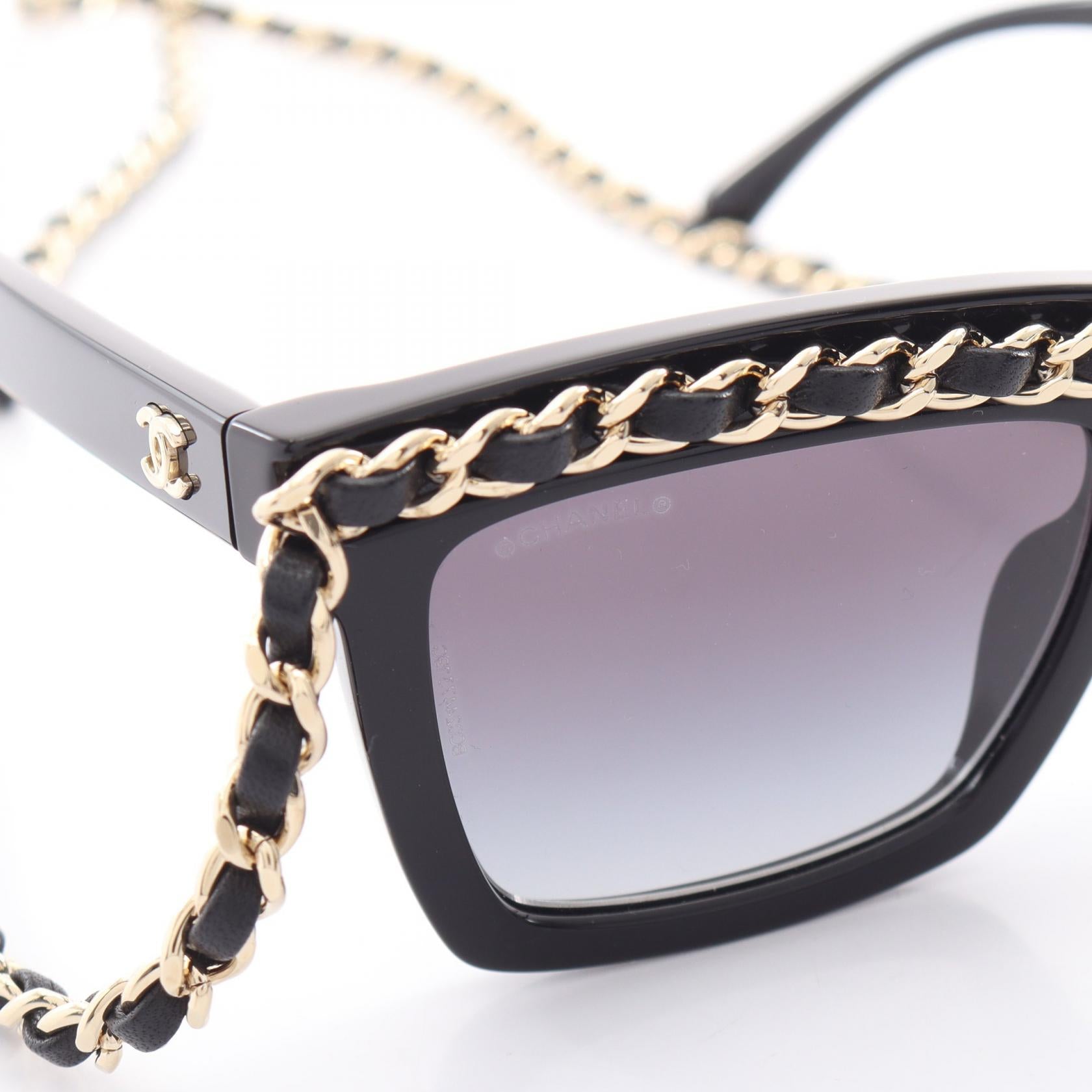 ココマーク チェーン付き サングラス レザー GP ブラック ゴールド シャネル 財布・小物 CHANEL